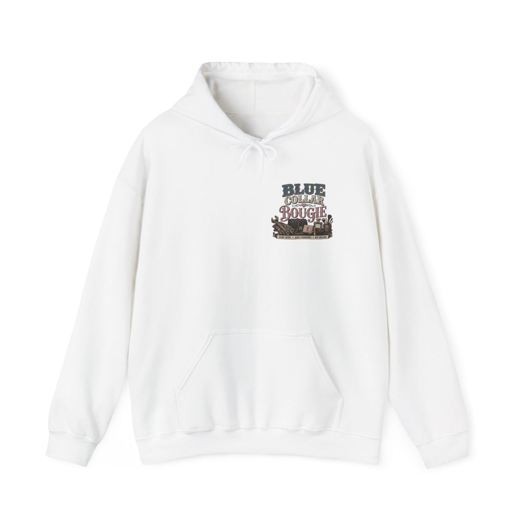 Blue Collar Bougie Hoodie — Rustic Workwear Graphic Pullover
