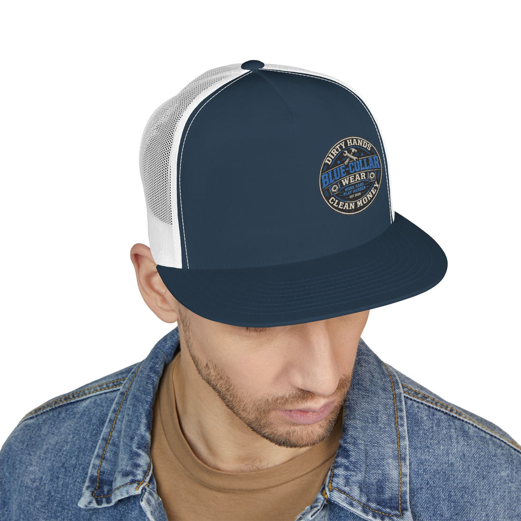 Blue-Collar Workwear Trucker Cap — "Dirty Hands Clean Money" Patch