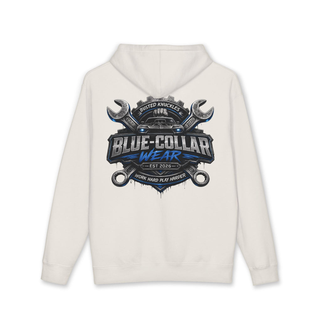 Blue-Collar Wear Hoodie — Mechanic Wrench Logo Workwear Pullover