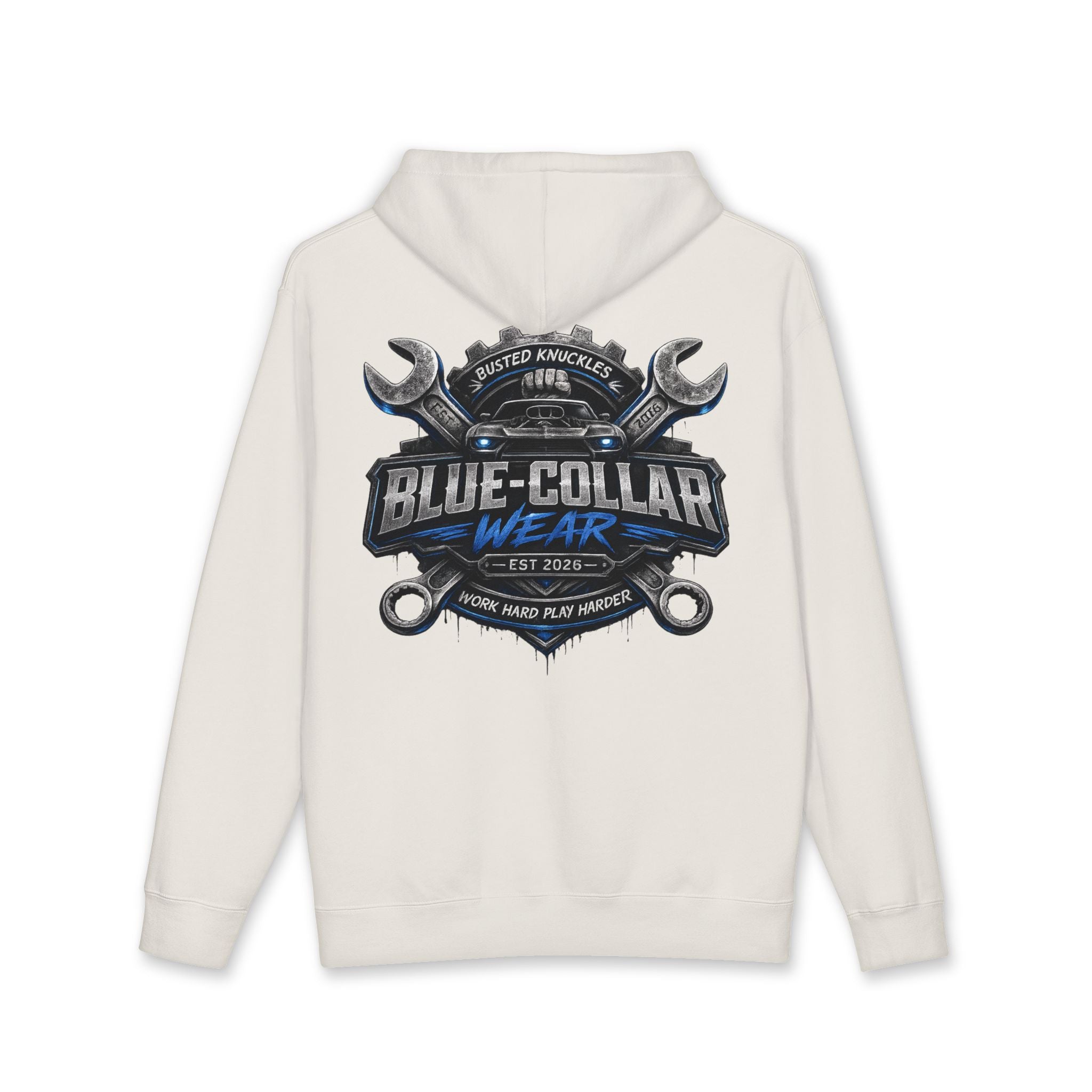 Blue-Collar Wear Hoodie — Mechanic Wrench Logo Workwear Pullover