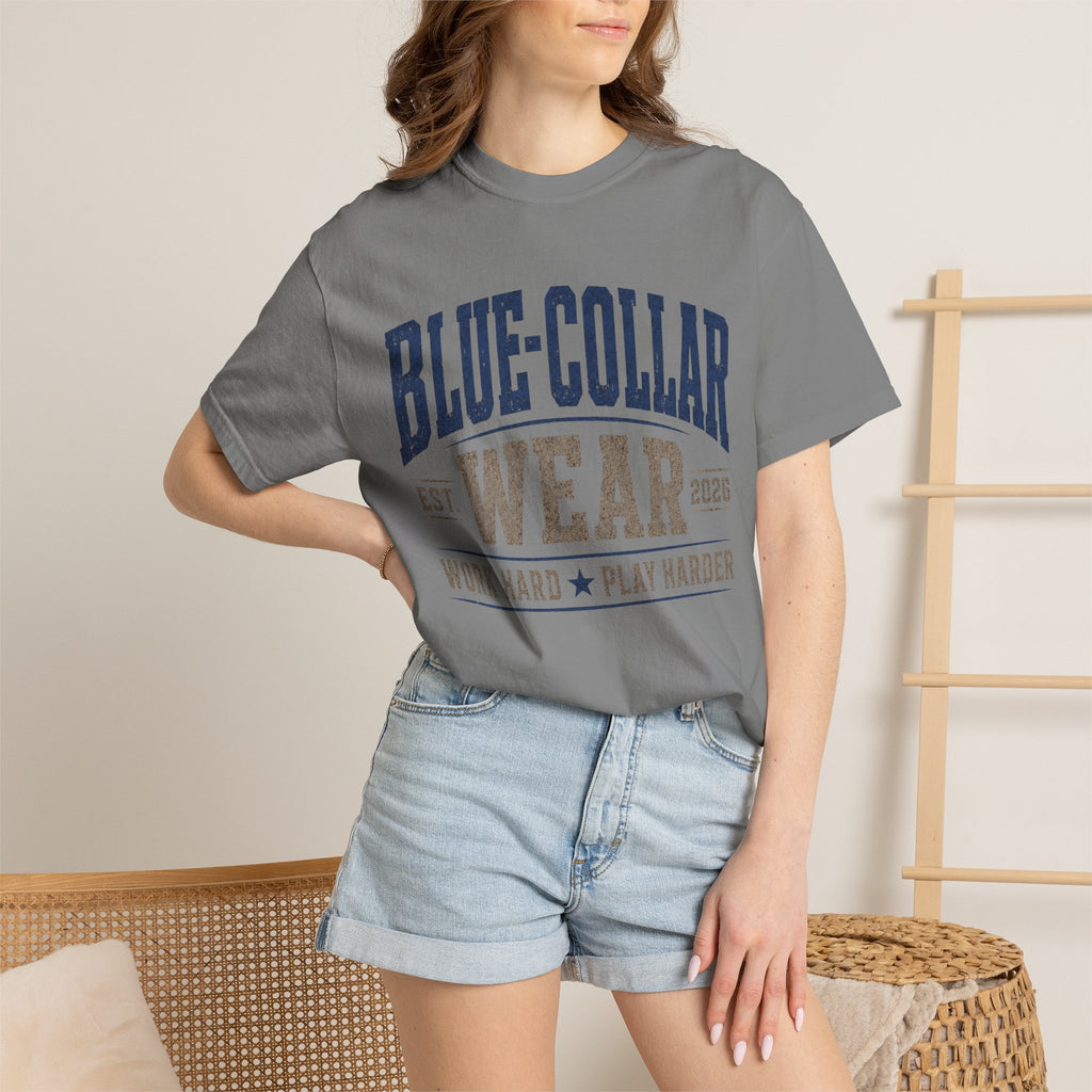 Blue-Collar Wear T-Shirt — "Work Hard • Play Harder" Retro Workwear Tee