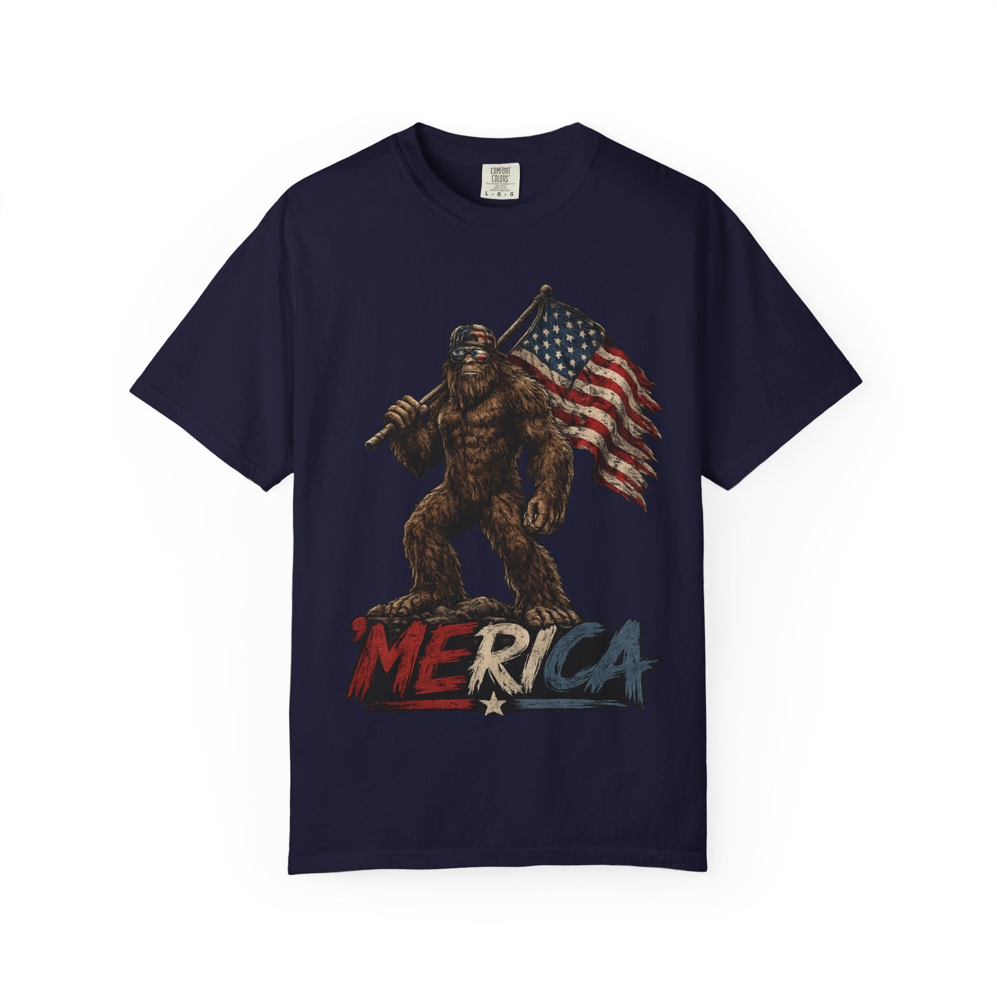 'Merica Bigfoot Flag T-Shirt — Patriotic Sasquatch Americana Tee