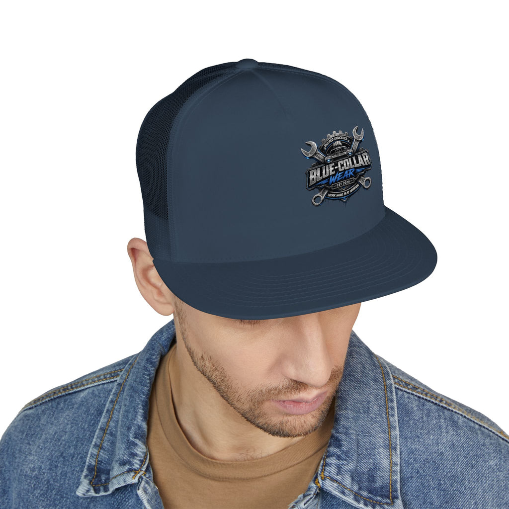 Blue-Collar Wear Trucker Cap — Vintage Mechanic Logo Snapback