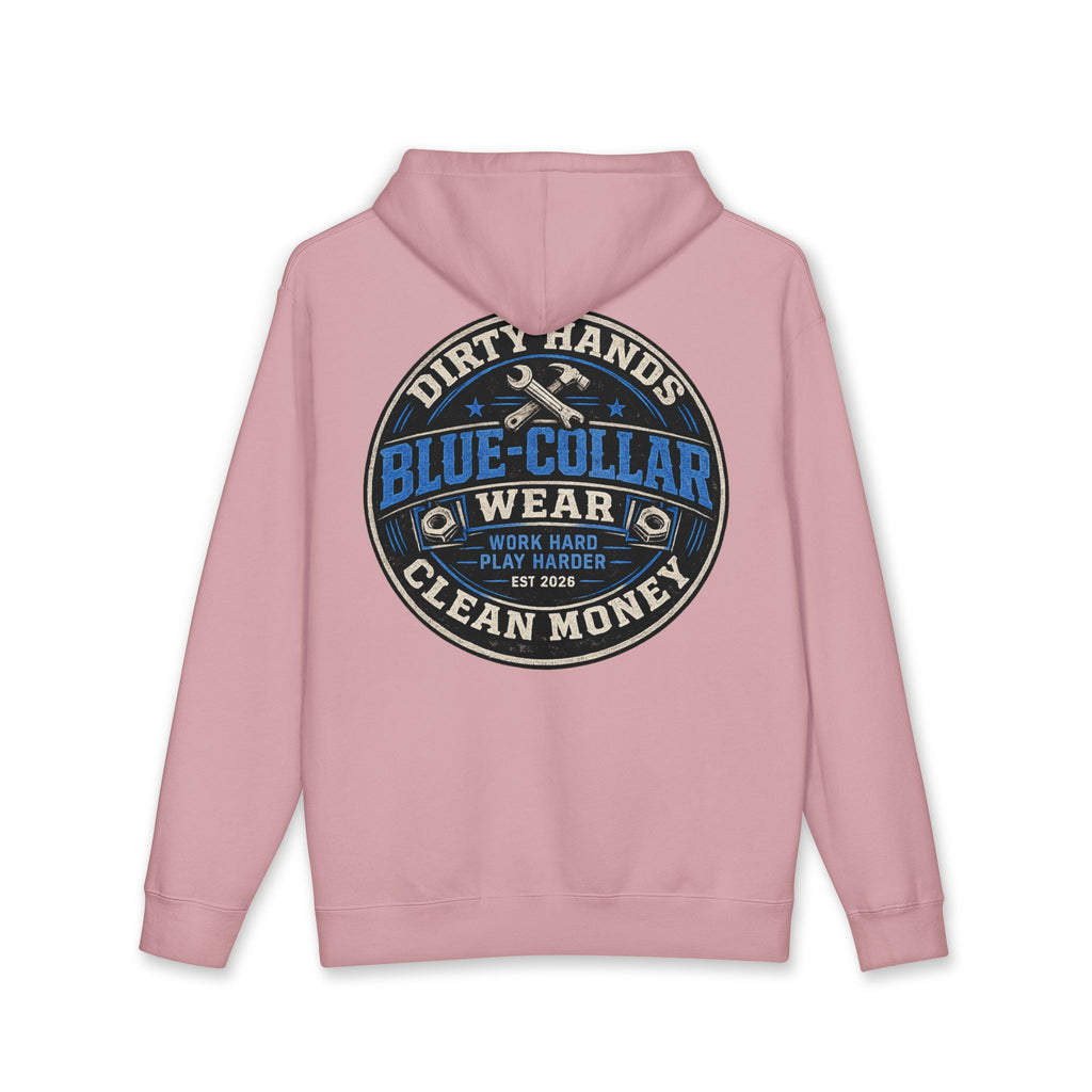 Blue-Collar Workwear Hoodie — "Dirty Hands, Clean Money" Chest & Back Graphic