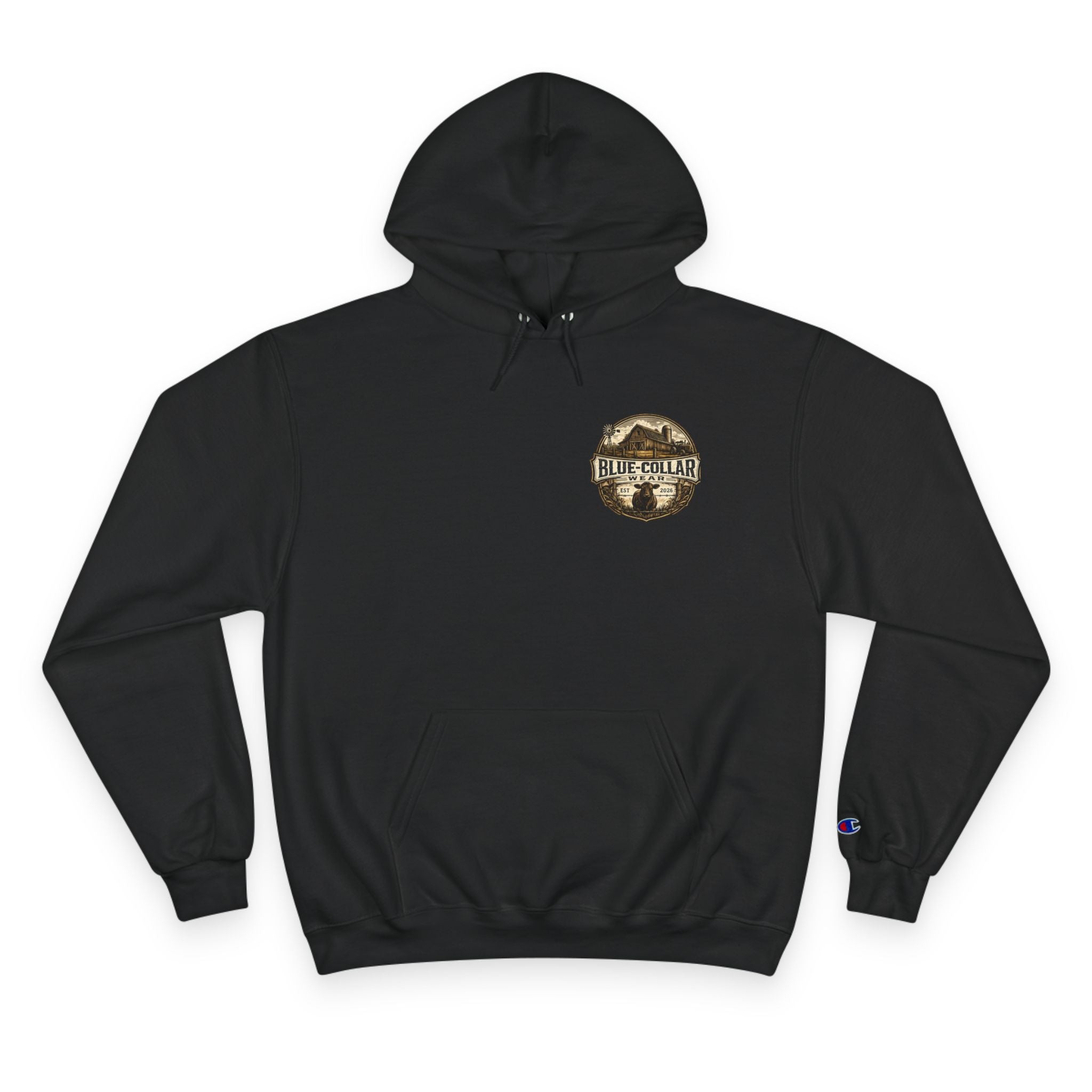 Blue-Collar Wear RANCHER Shield Hoodie — Vintage Workwear Logo Pullover