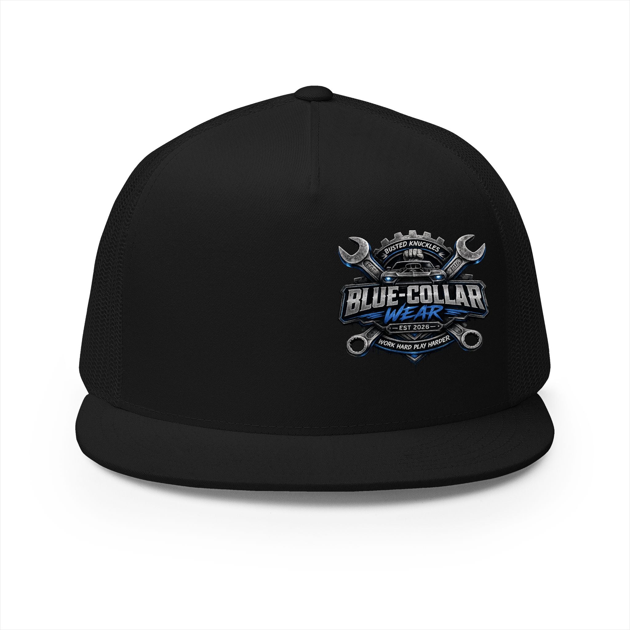 Blue-Collar Wear Trucker Cap — Vintage Mechanic Logo Snapback