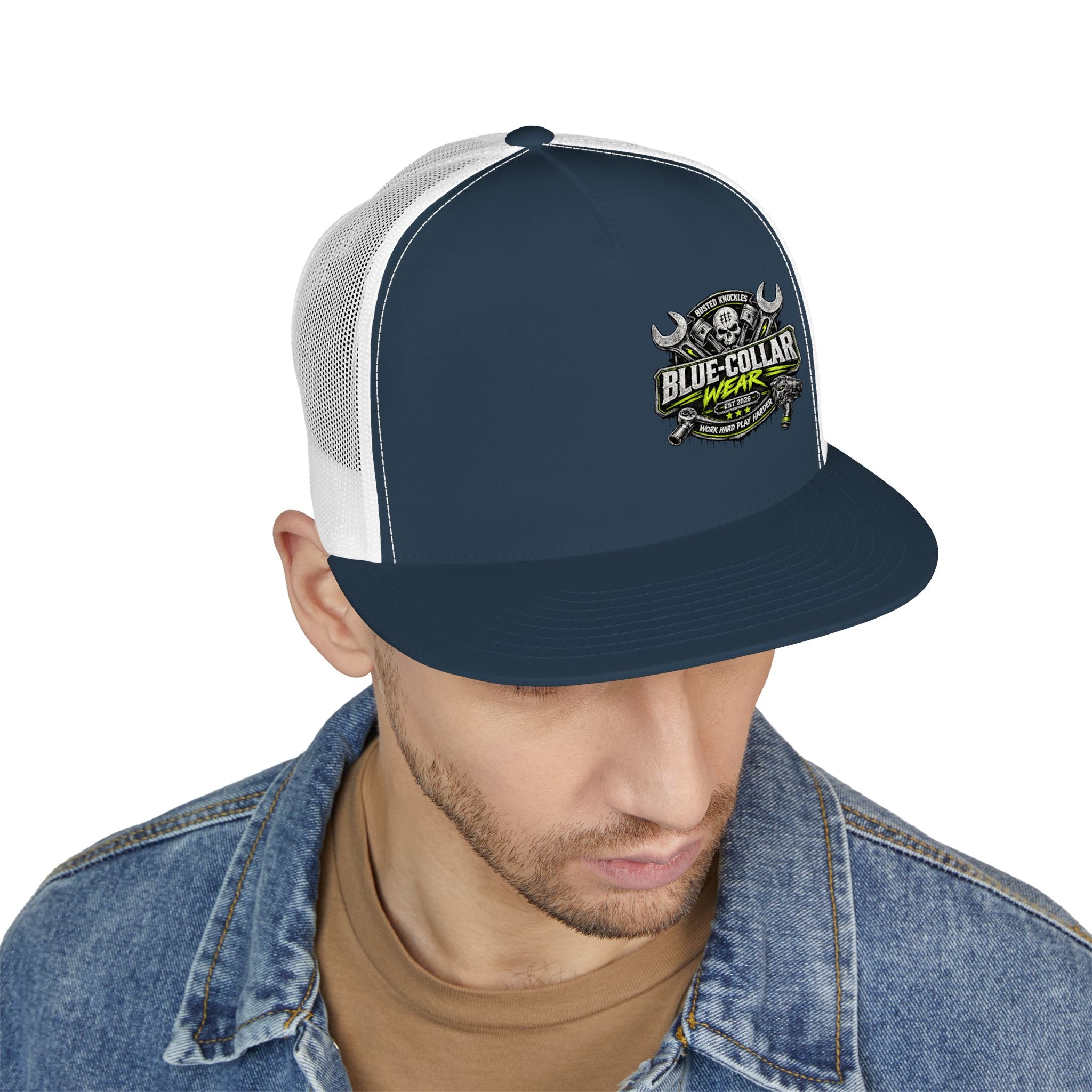 Blue Collar Wear Trucker Cap Mechanic — Workwear Skull Logo Mesh Snapback