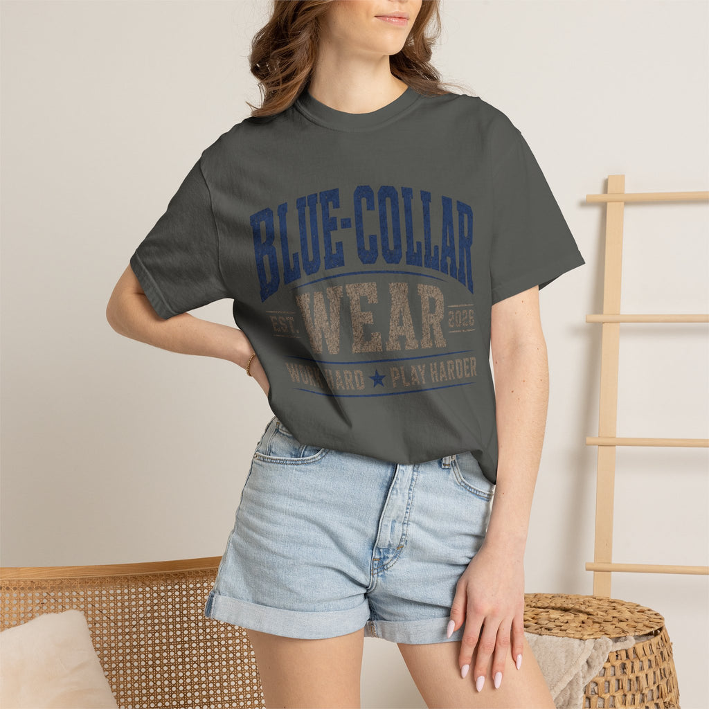 Blue-Collar Wear T-Shirt — "Work Hard • Play Harder" Retro Workwear Tee