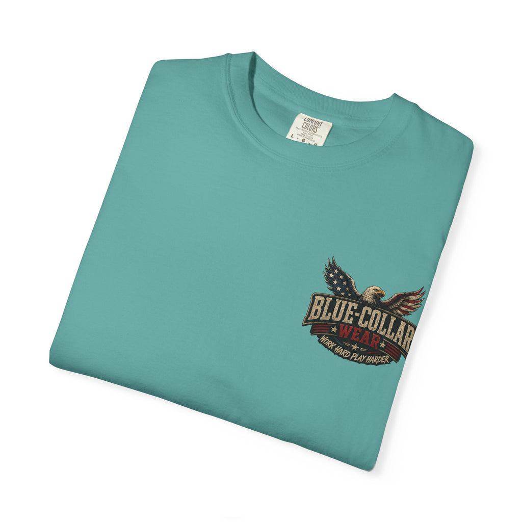 Merica Bigfoot Flag T-Shirt — 'Blue Collar' Patriotic Graphic Tee