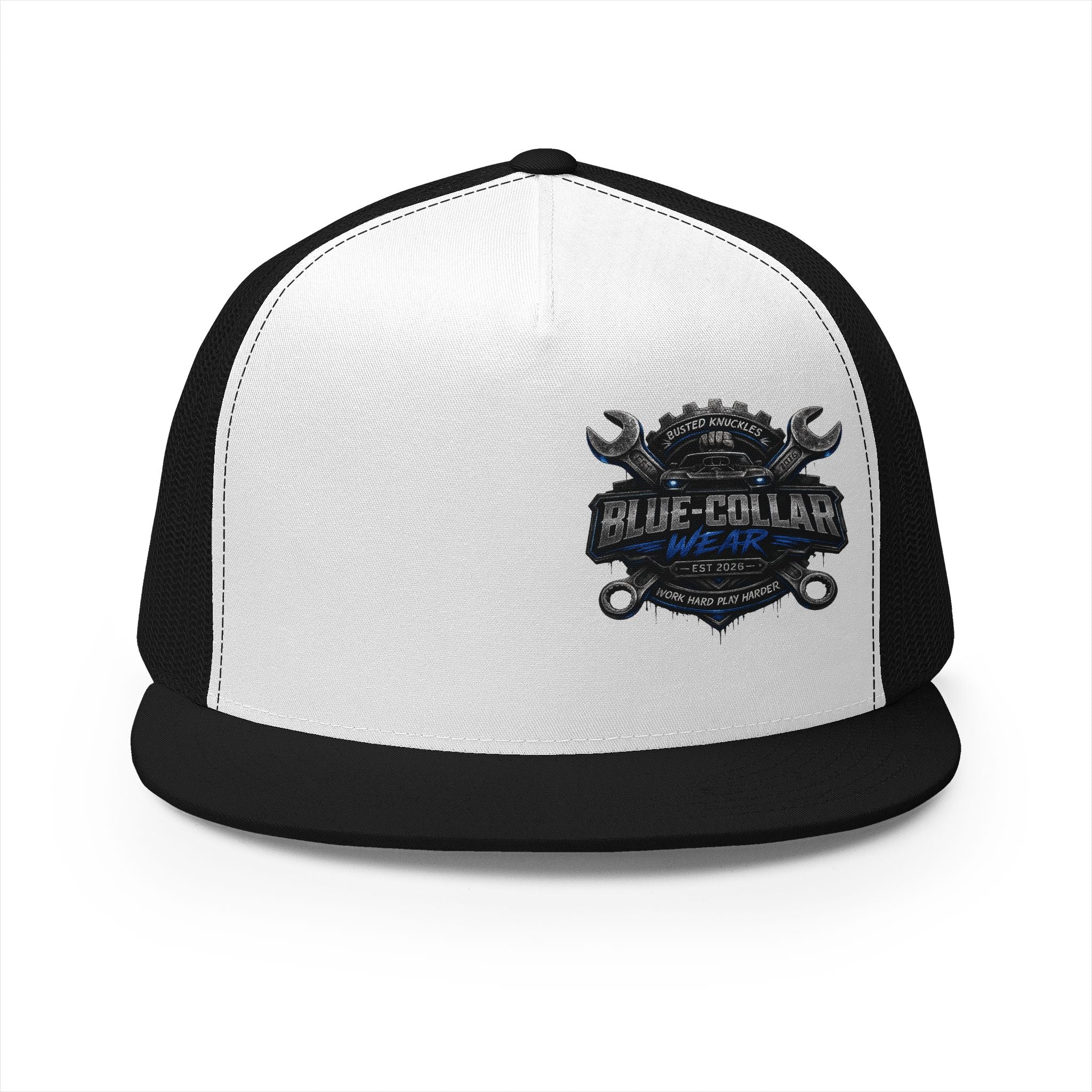 Blue-Collar Wear Trucker Cap — Vintage Mechanic Logo Snapback