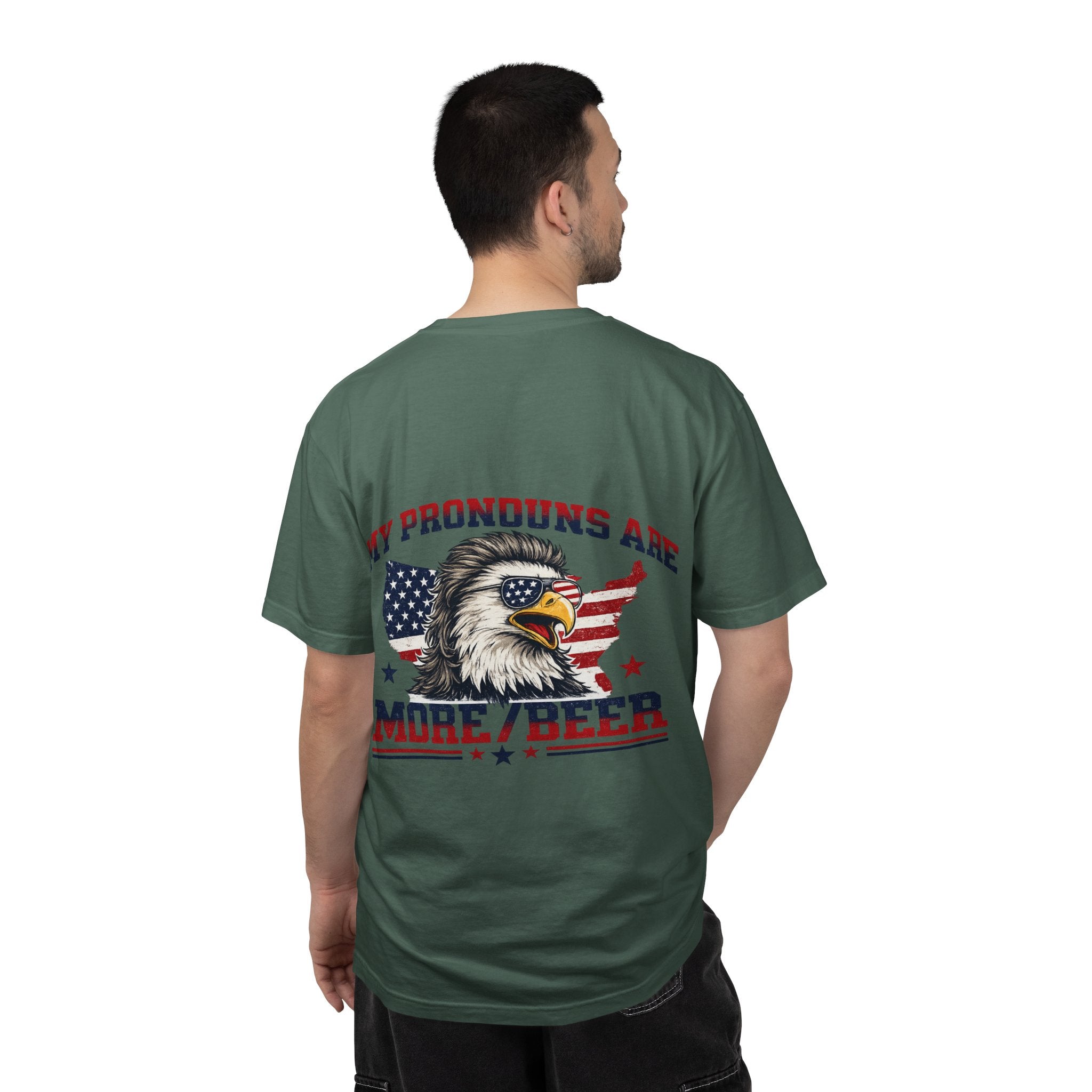 T-Shirt — "My Pronouns Are More/Beer" Patriotic Eagle Graphic