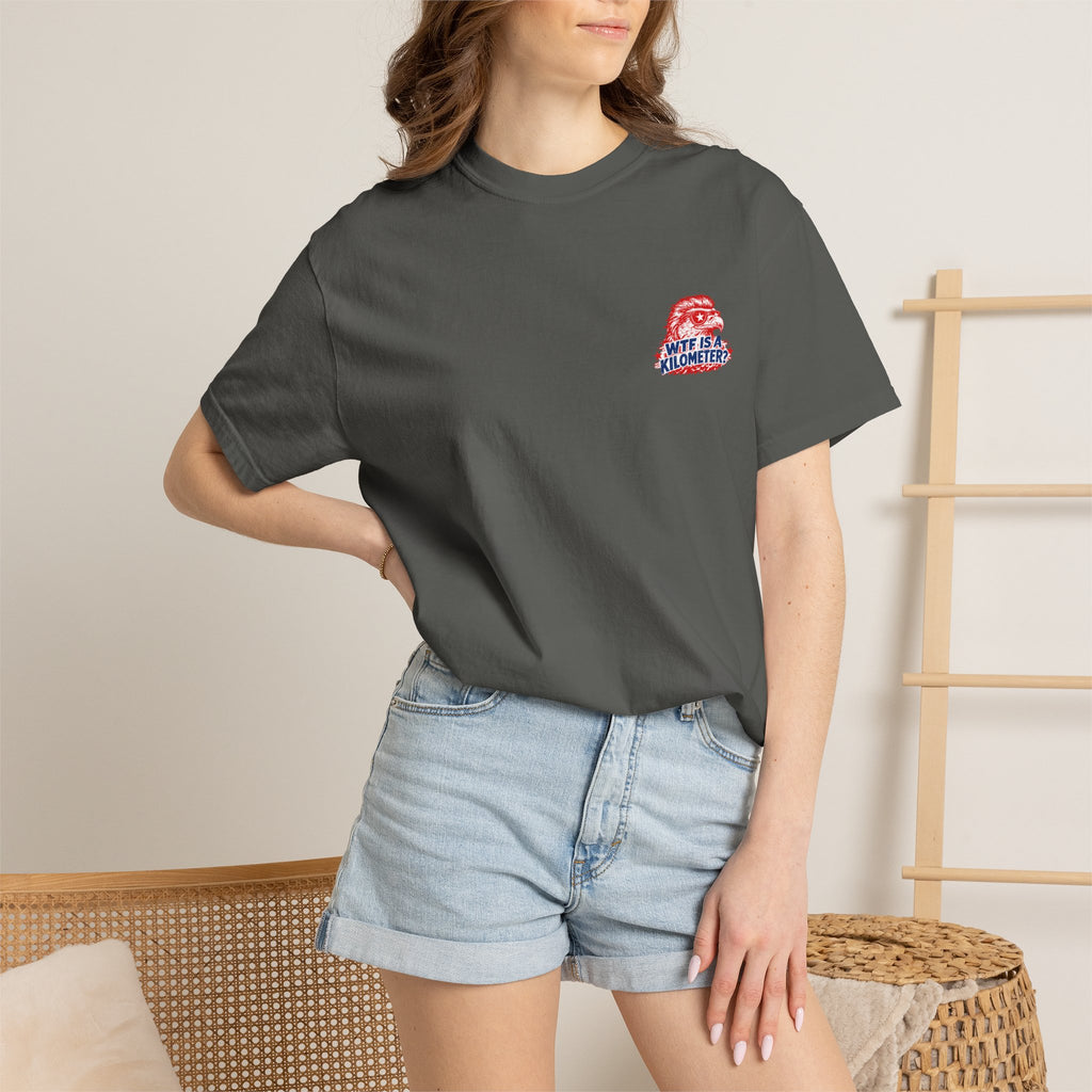 WTF Is a Kilometer? Graphic T‑Shirt — Retro Eagle Patriotic Travel Humor
