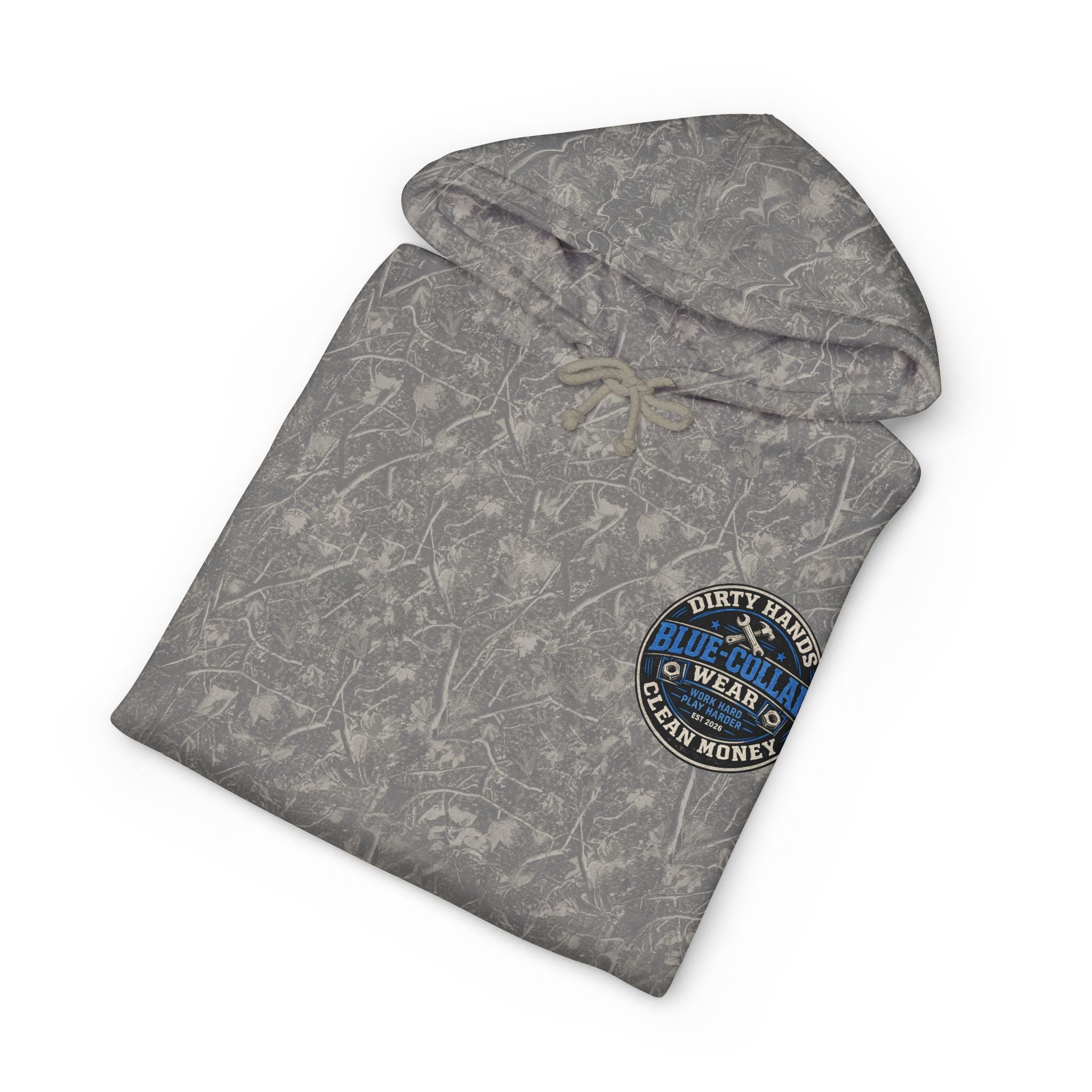 Blue-Collar Workwear Hoodie — "Dirty Hands, Clean Money" Chest & Back Graphic
