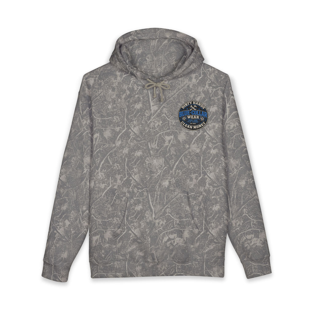 Blue-Collar Workwear Hoodie — "Dirty Hands, Clean Money" Chest & Back Graphic