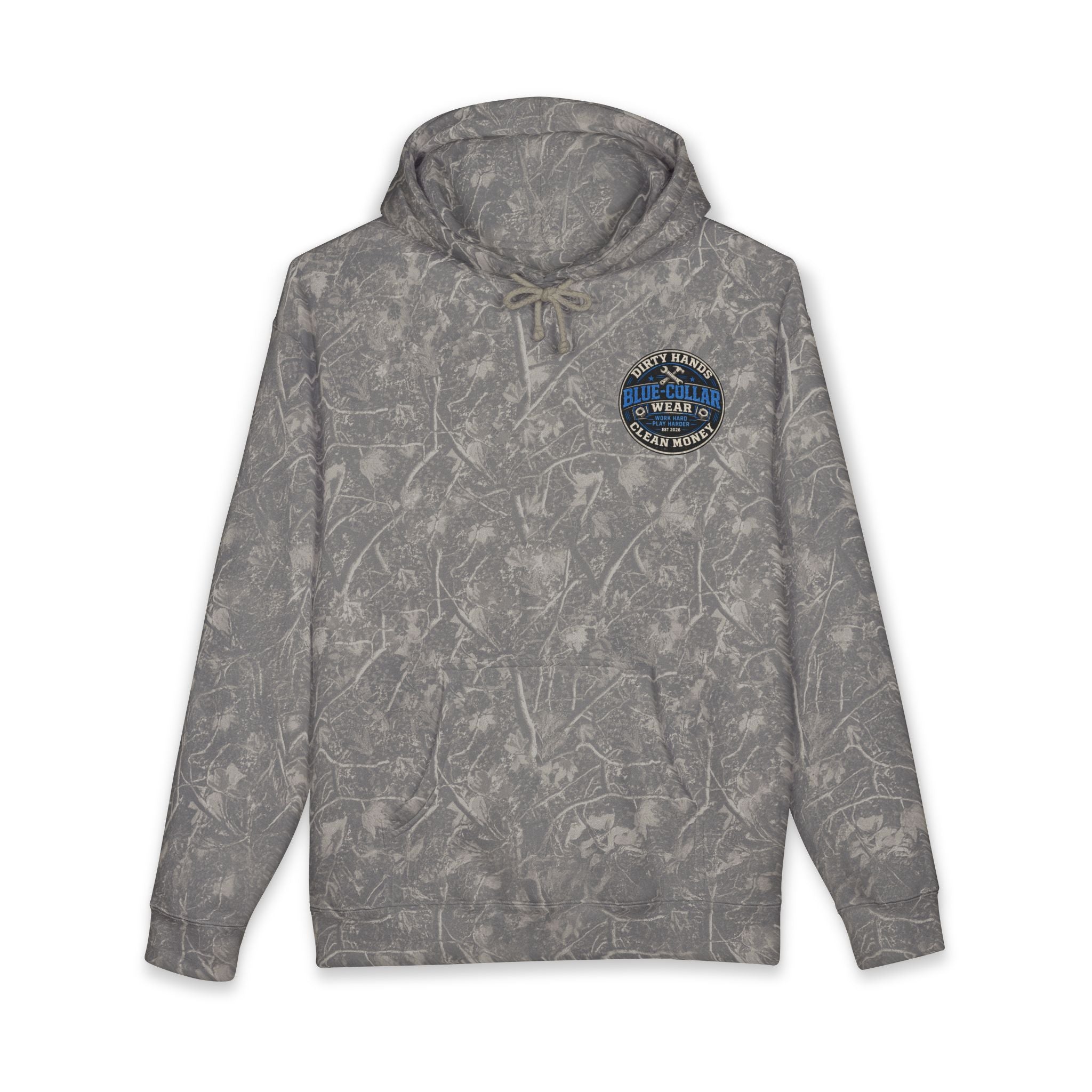 Blue-Collar Workwear Hoodie — "Dirty Hands, Clean Money" Chest & Back Graphic