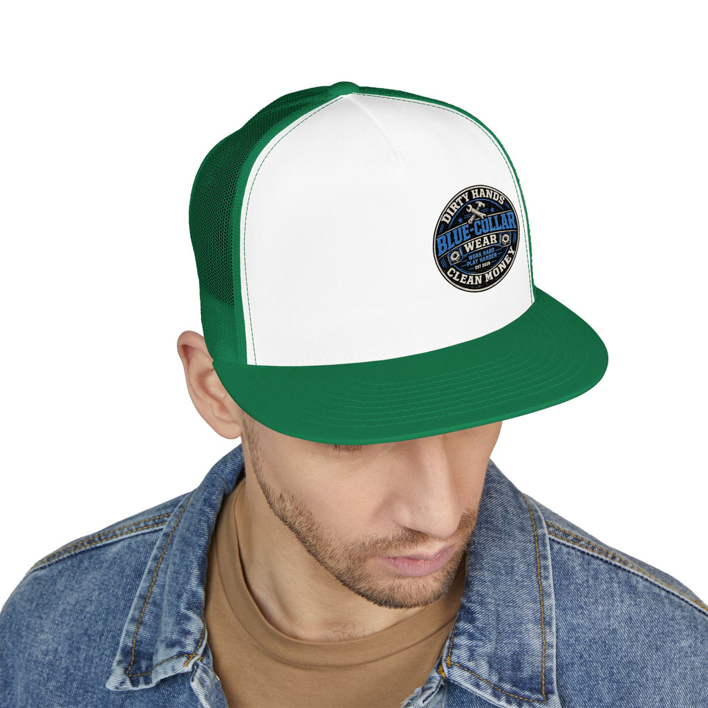 Blue-Collar Workwear Trucker Cap — "Dirty Hands Clean Money" Patch