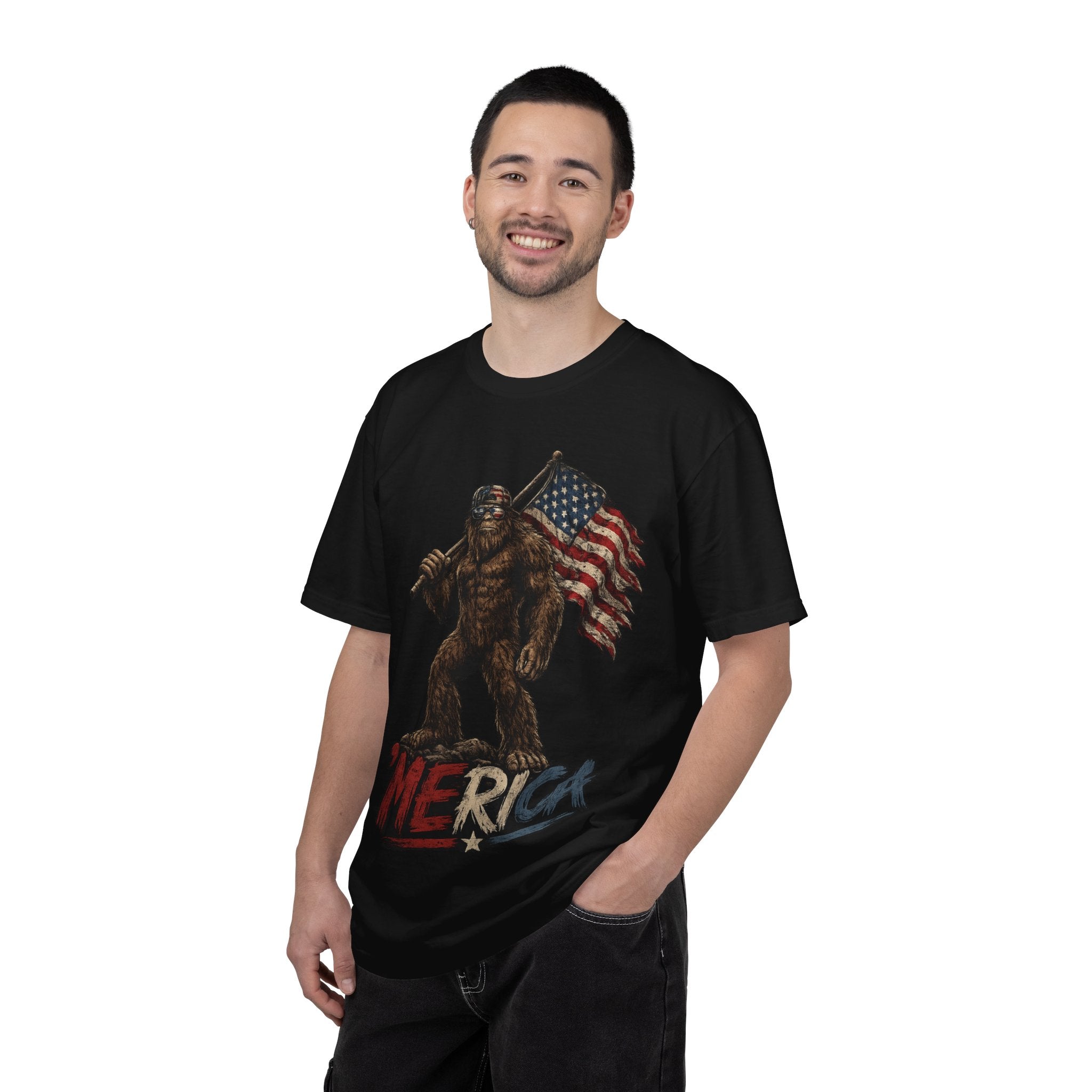 'Merica Bigfoot Flag T-Shirt — Patriotic Sasquatch Americana Tee
