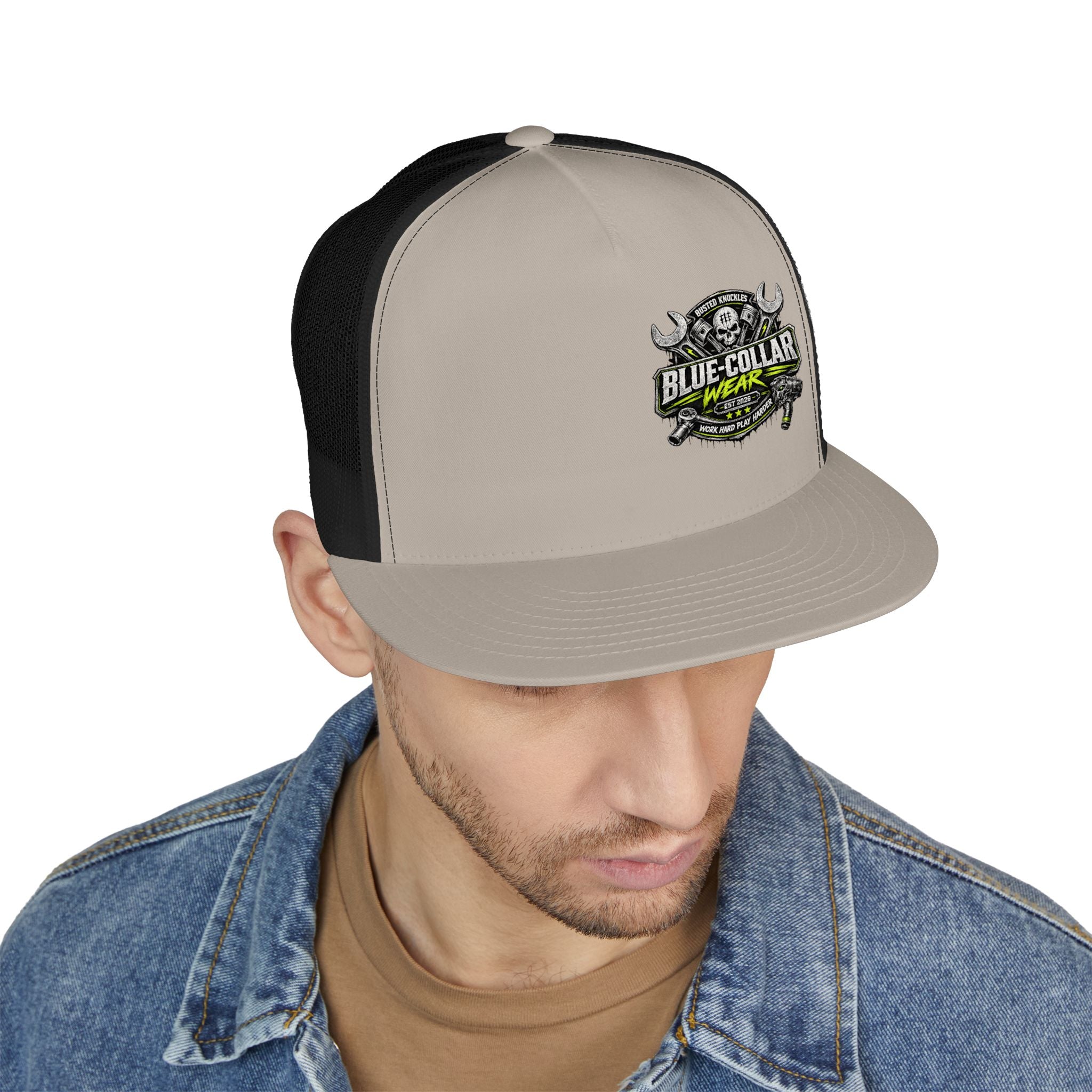 Blue Collar Wear Trucker Cap Mechanic — Workwear Skull Logo Mesh Snapback