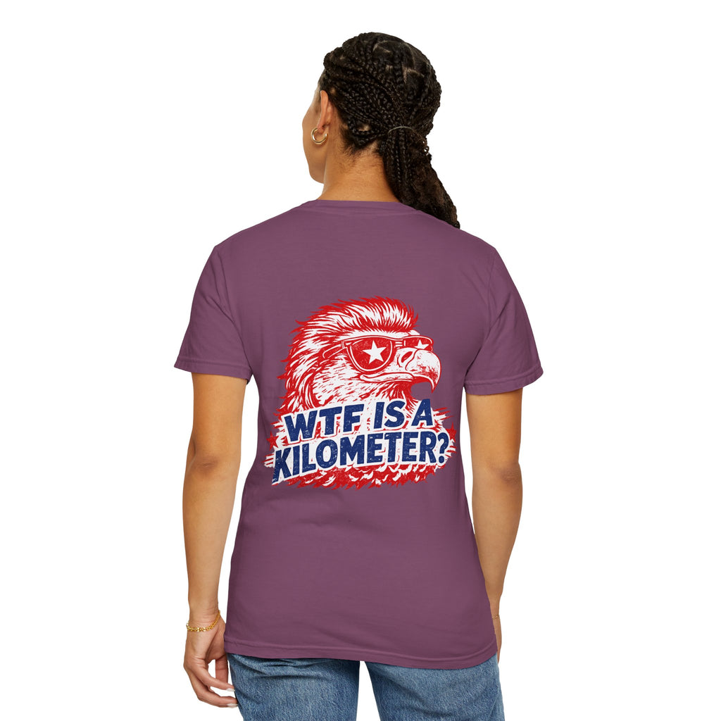 WTF Is a Kilometer? Graphic T‑Shirt — Retro Eagle Patriotic Travel Humor