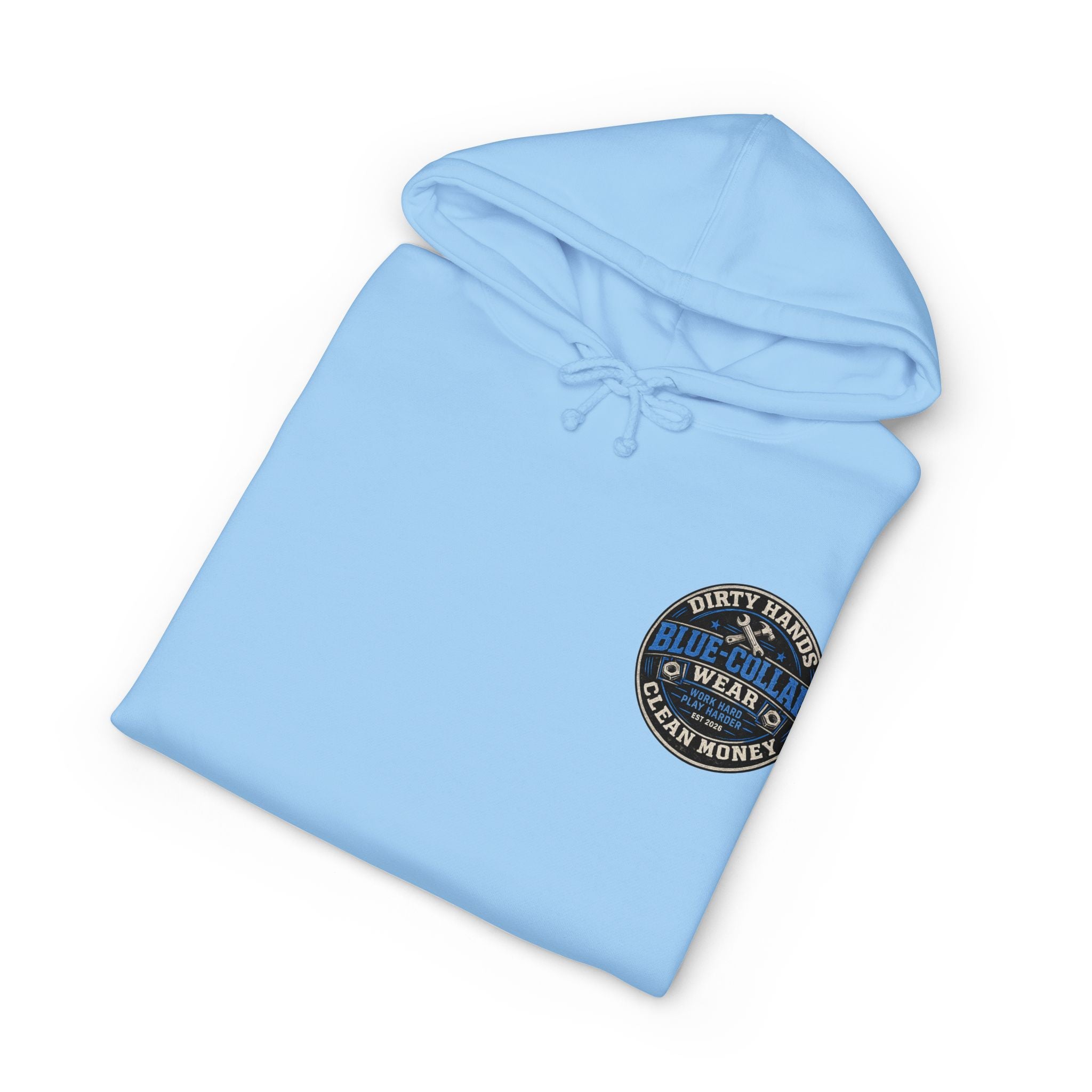 Blue-Collar Workwear Hoodie — "Dirty Hands, Clean Money" Chest & Back Graphic