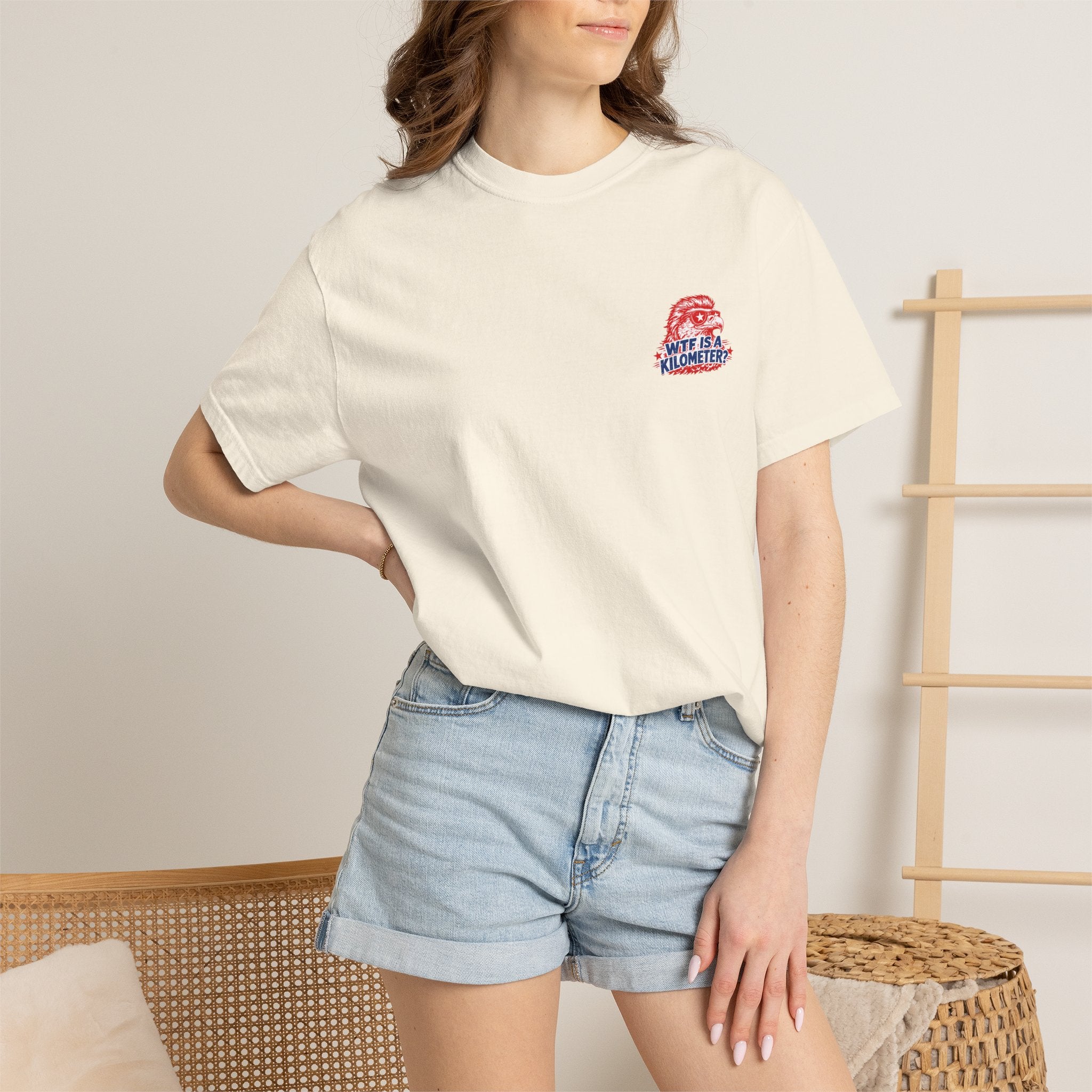WTF Is a Kilometer? Graphic T‑Shirt — Retro Eagle Patriotic Travel Humor
