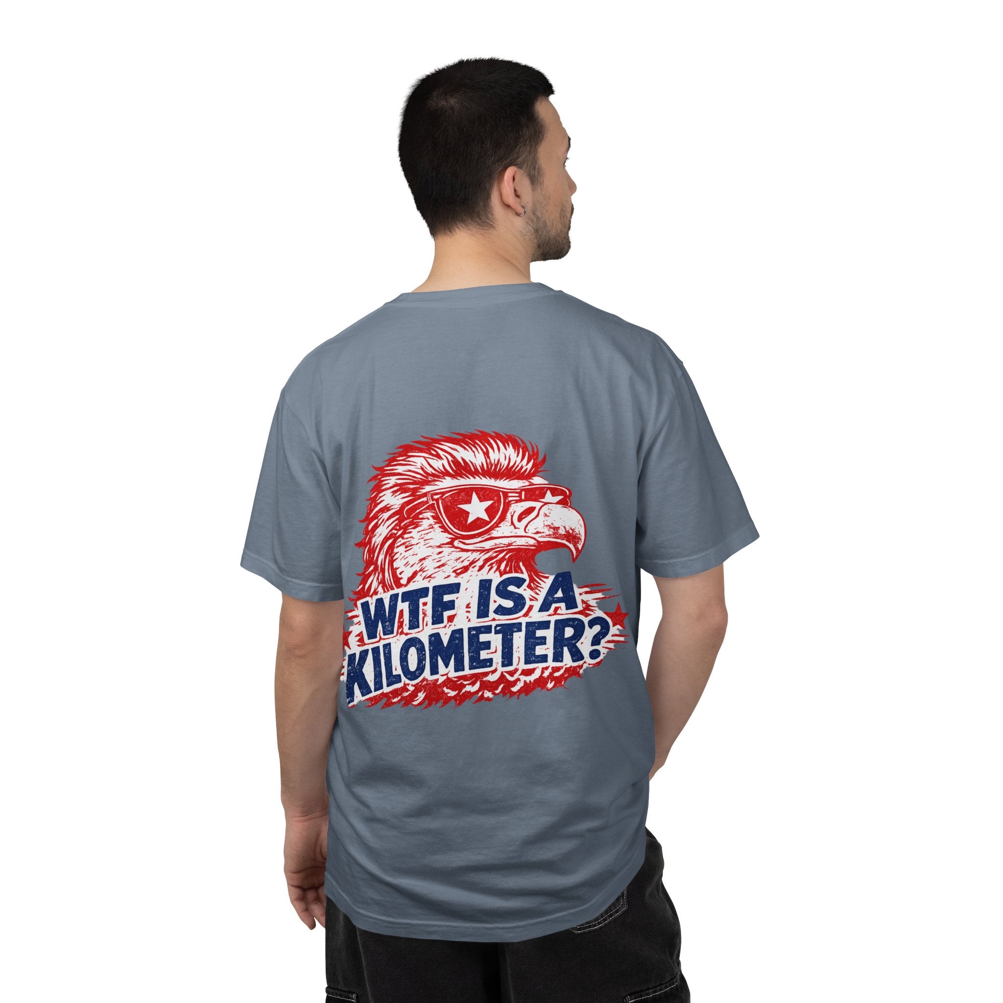 WTF Is a Kilometer? Graphic T‑Shirt — Retro Eagle Patriotic Travel Humor