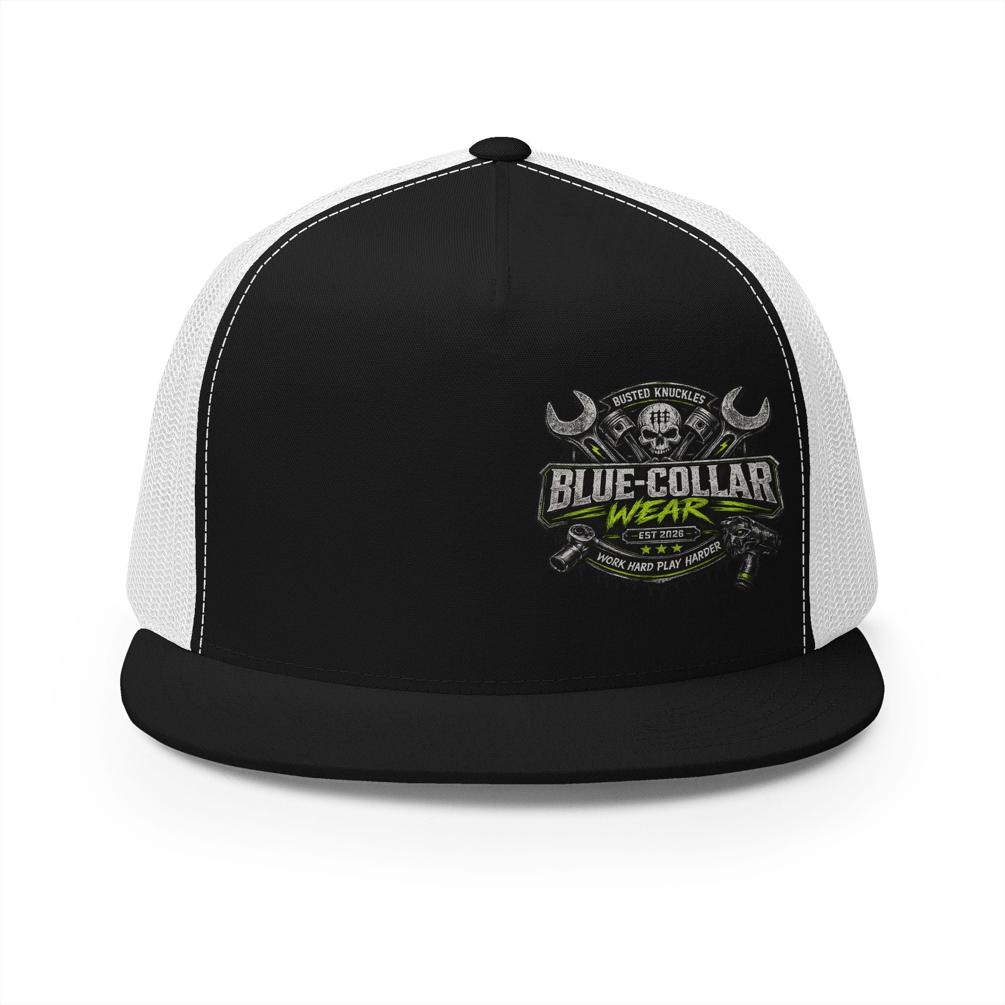 Blue Collar Wear Trucker Cap Mechanic — Workwear Skull Logo Mesh Snapback