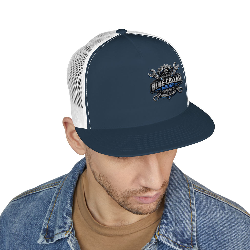 Blue-Collar Wear Trucker Cap — Vintage Mechanic Logo Snapback