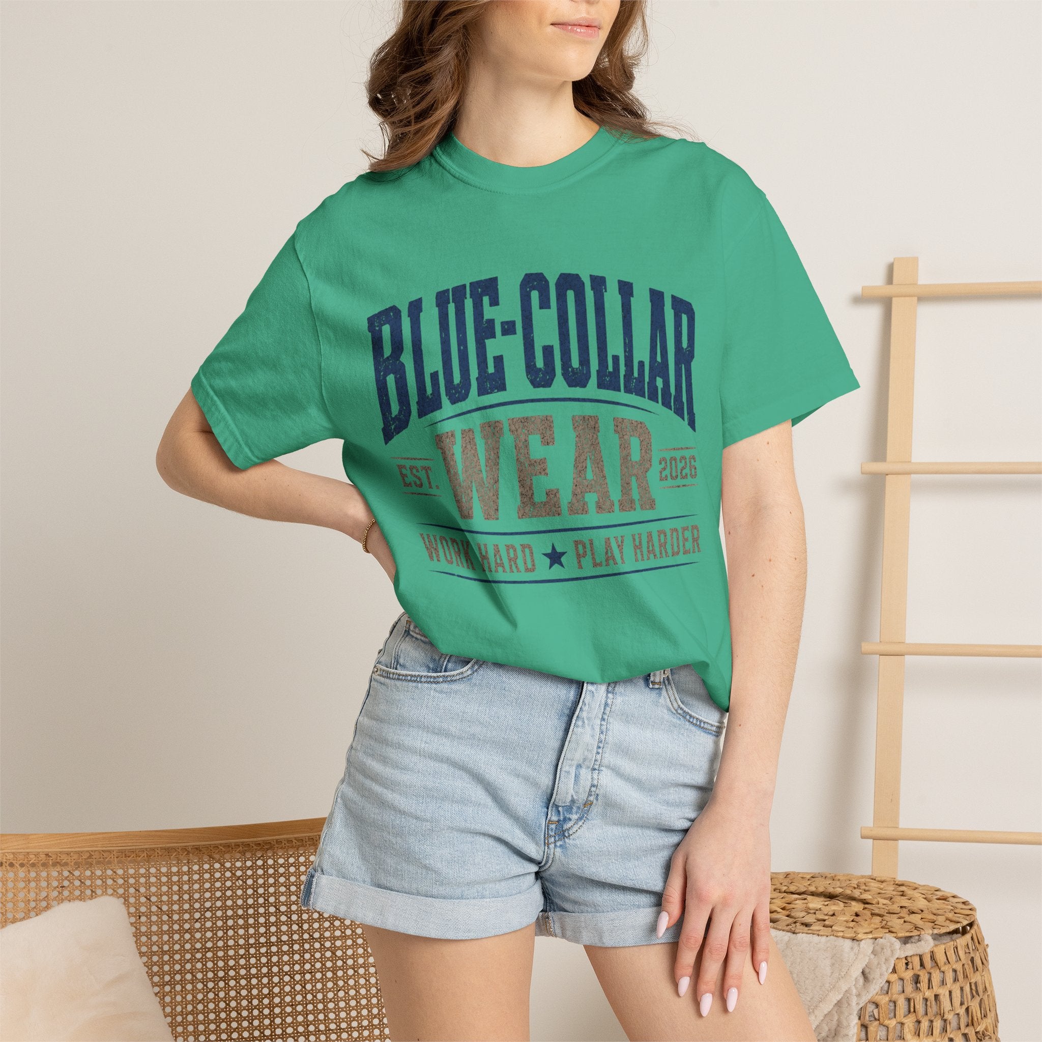 Blue-Collar Wear T-Shirt — "Work Hard • Play Harder" Retro Workwear Tee