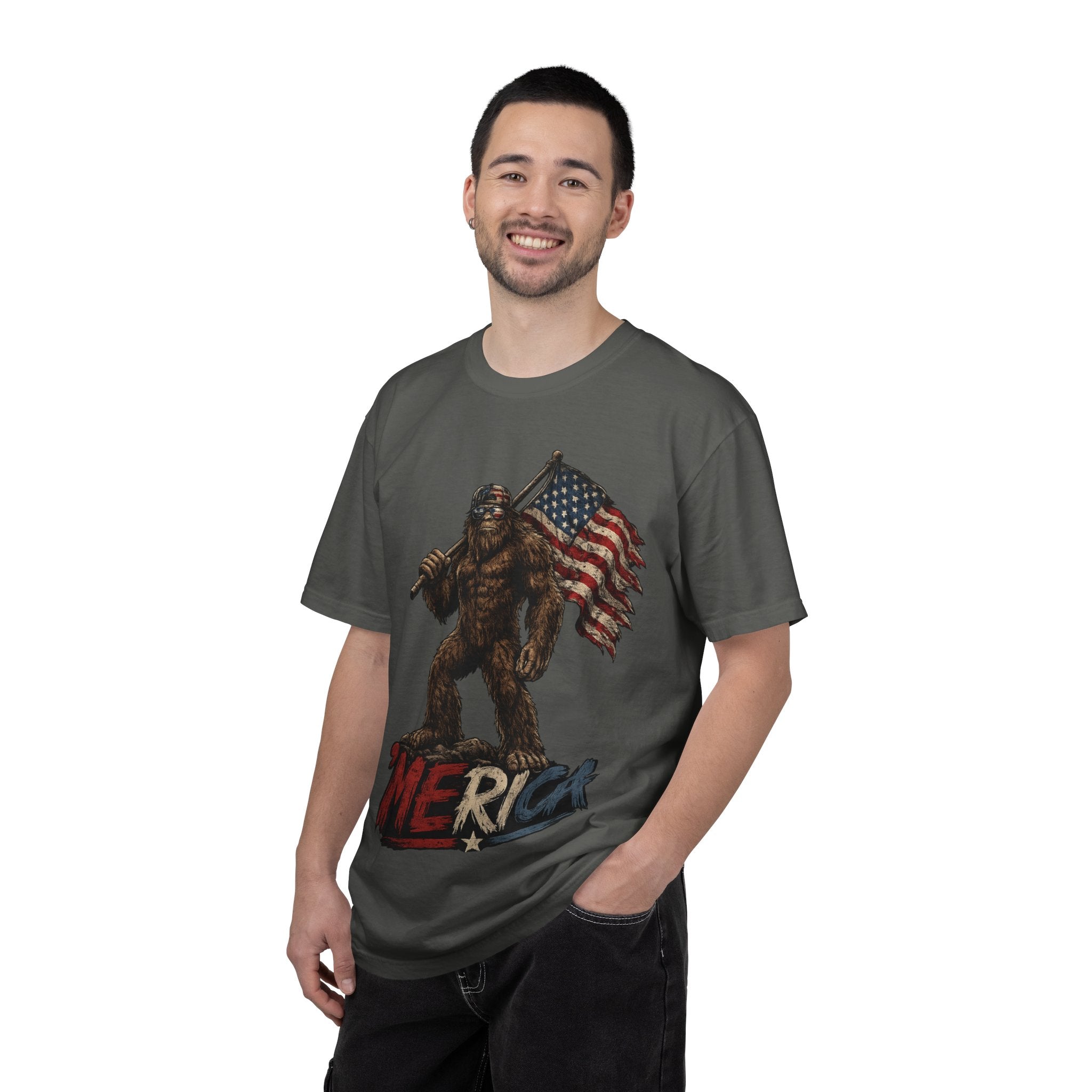 'Merica Bigfoot Flag T-Shirt — Patriotic Sasquatch Americana Tee