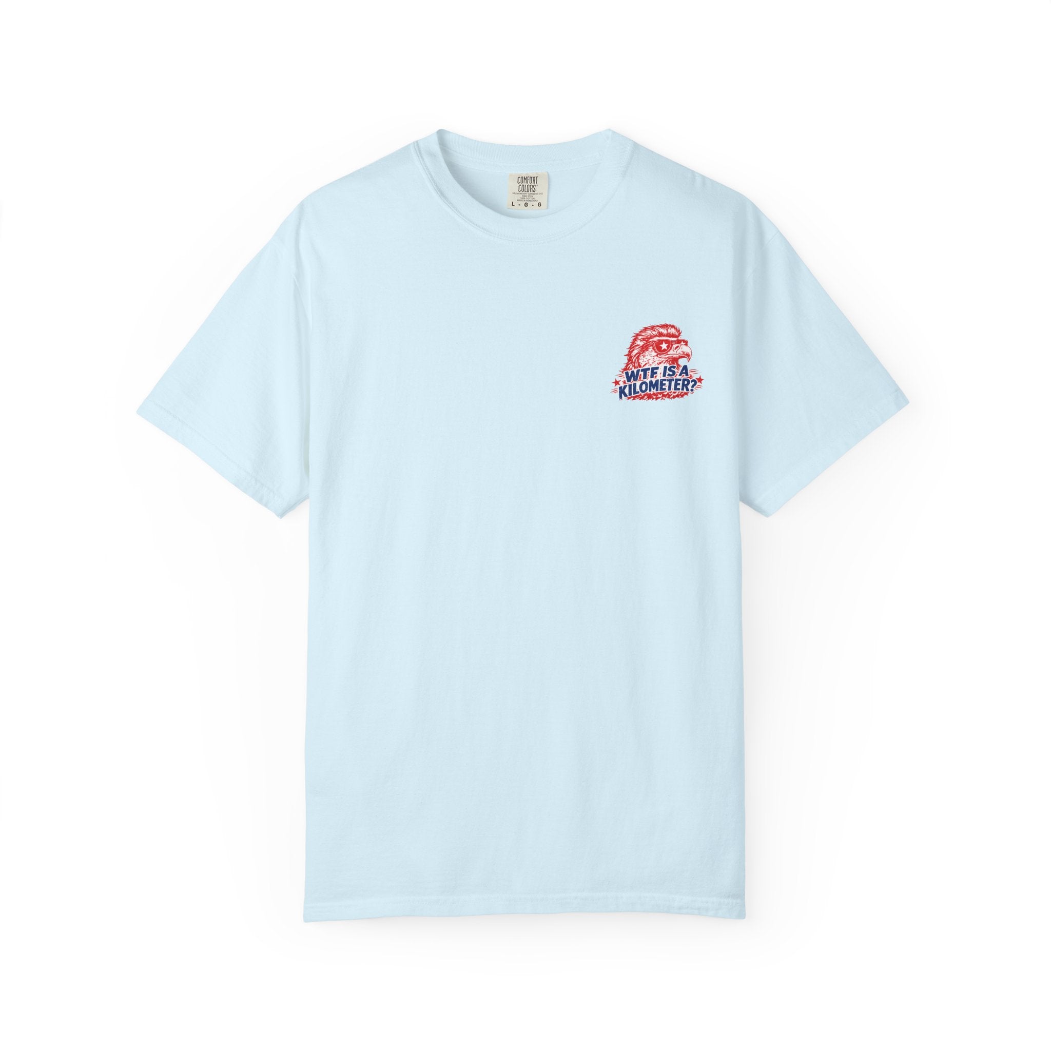 WTF Is a Kilometer? Graphic T‑Shirt — Retro Eagle Patriotic Travel Humor