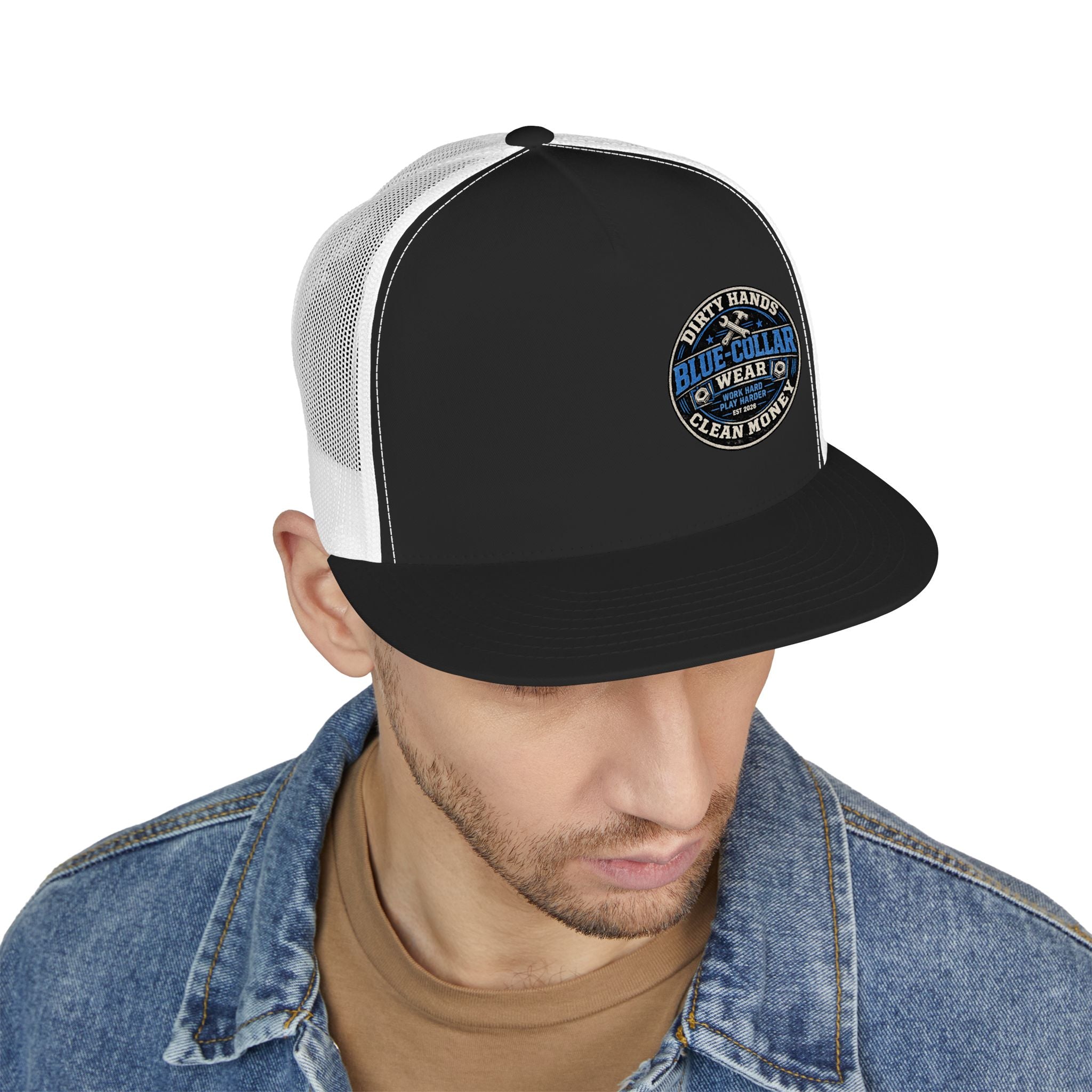 Blue-Collar Workwear Trucker Cap — "Dirty Hands Clean Money" Patch
