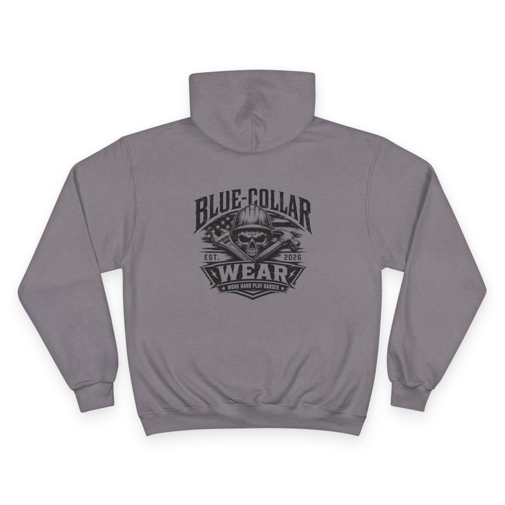 Blue-Collar Wear Hoodie — 'Work Hard, Play Harder' Champion Pullover