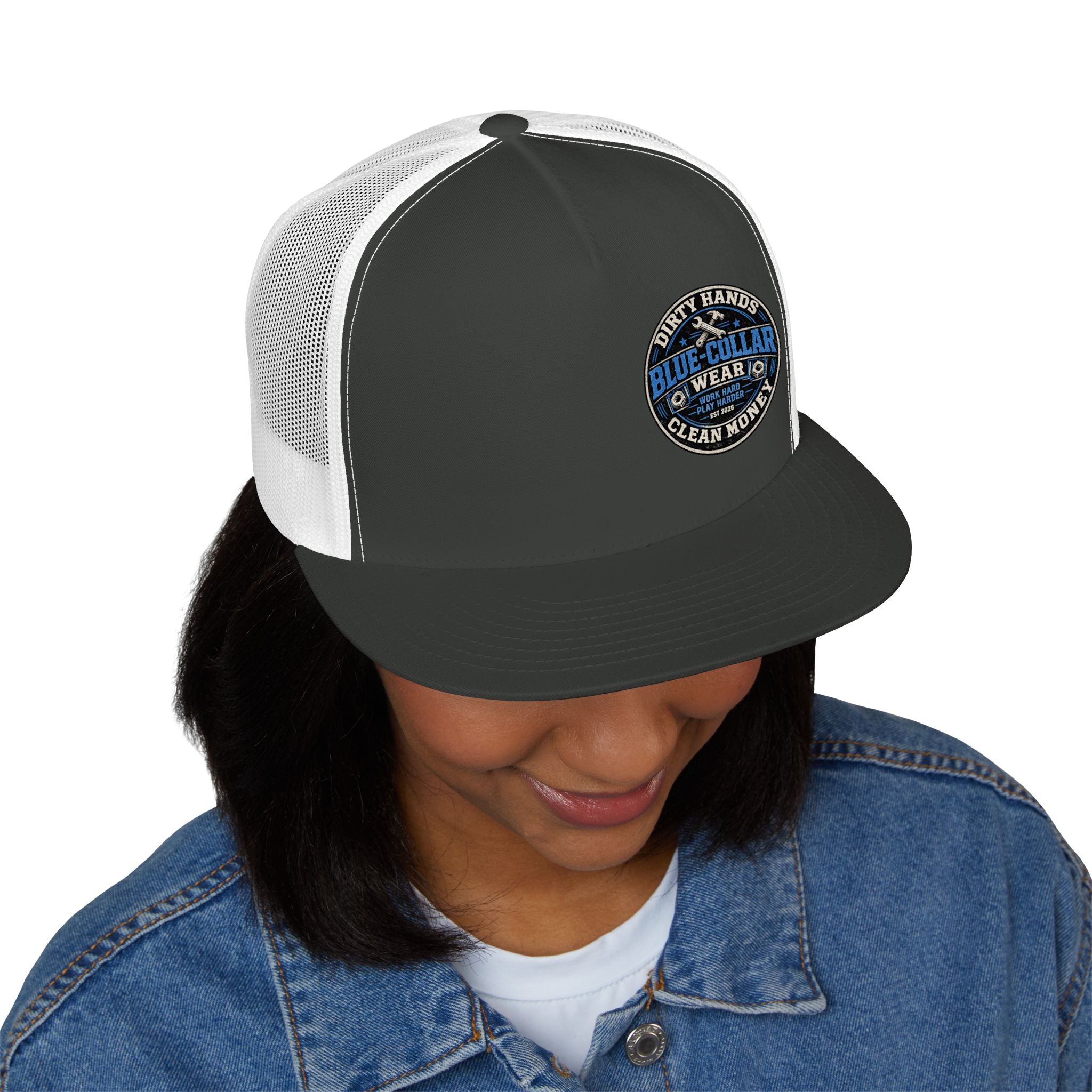 Blue-Collar Workwear Trucker Cap — "Dirty Hands Clean Money" Patch