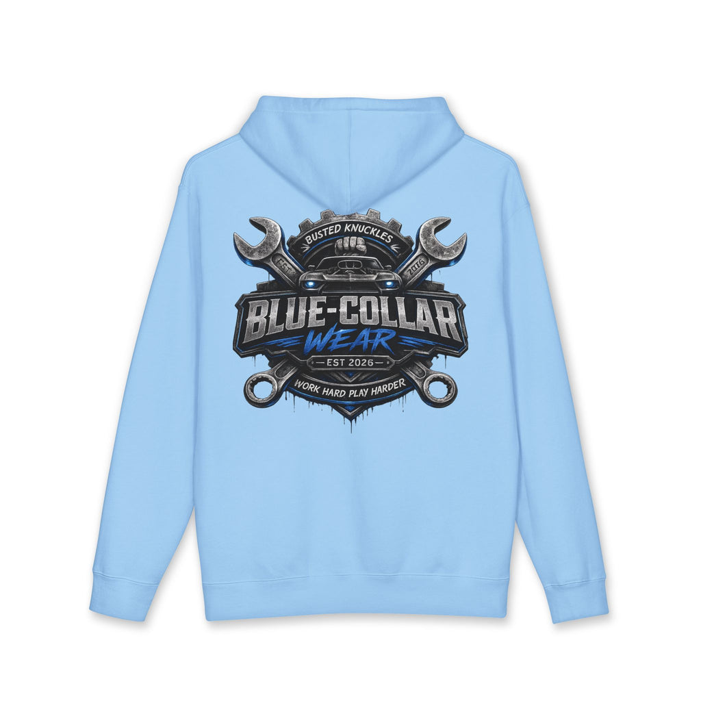 Blue-Collar Wear Hoodie — Mechanic Wrench Logo Workwear Pullover