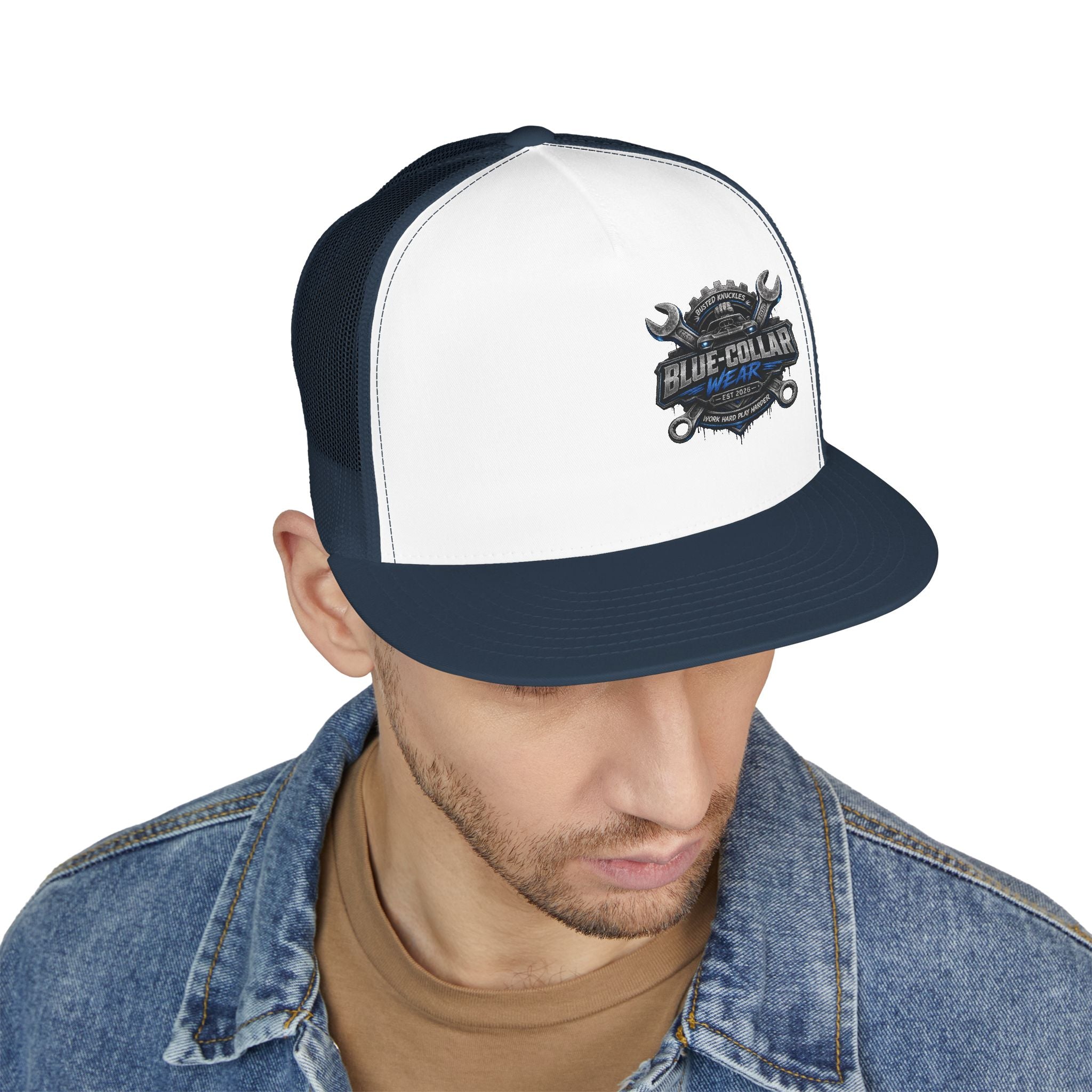 Blue-Collar Wear Trucker Cap — Vintage Mechanic Logo Snapback