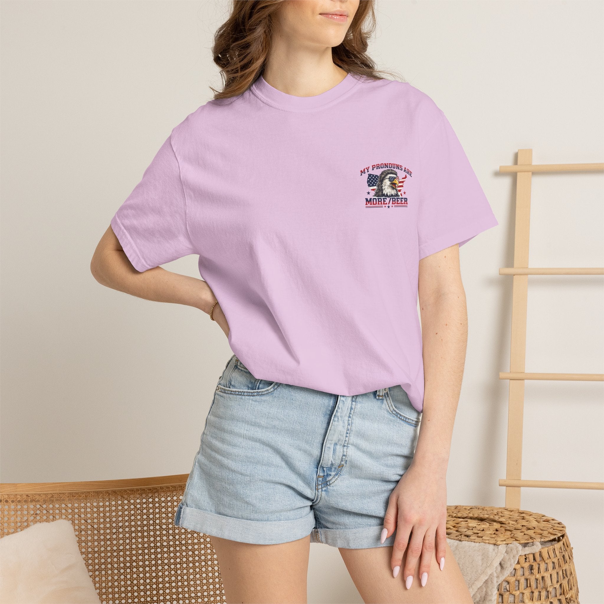 T-Shirt — "My Pronouns Are More/Beer" Patriotic Eagle Graphic