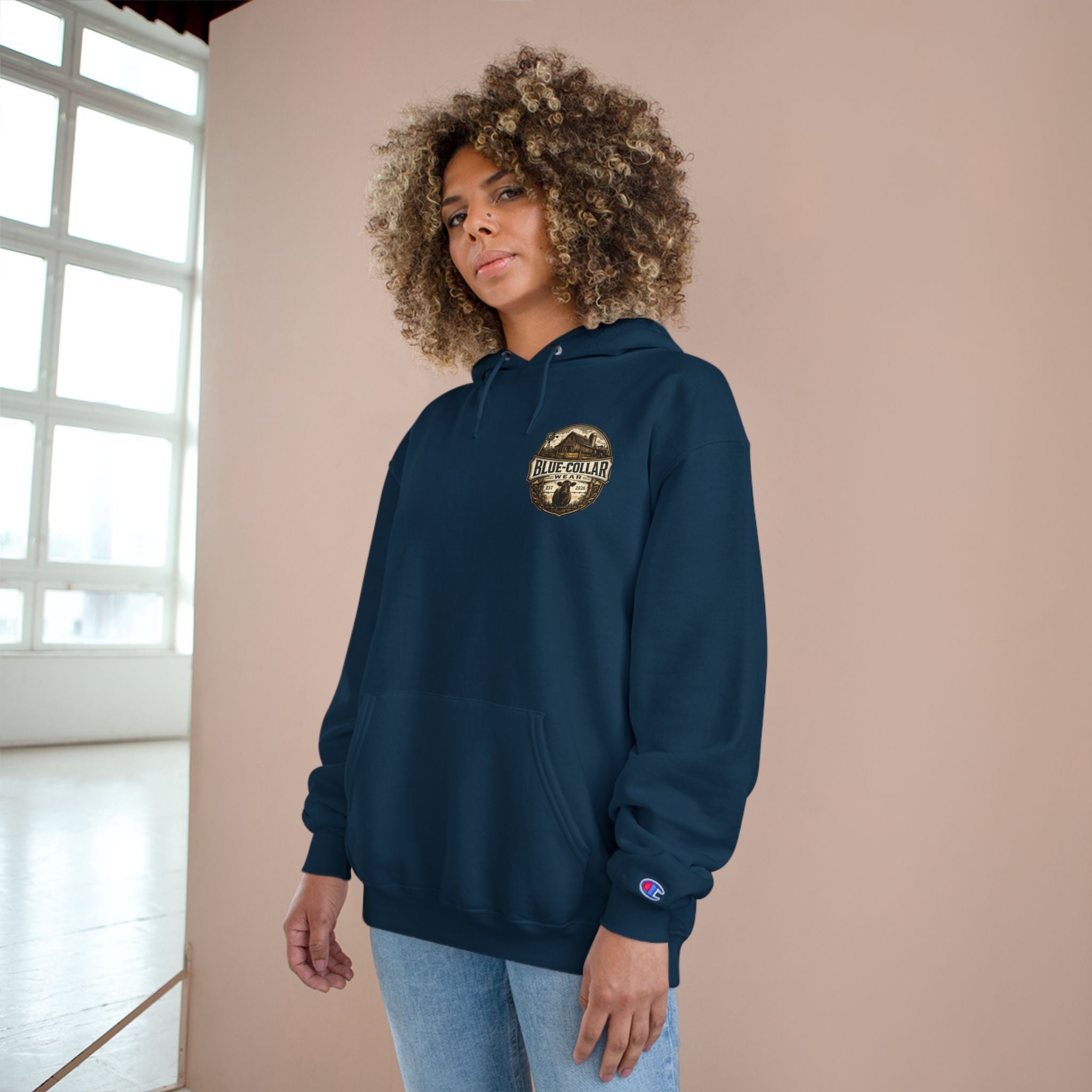 Blue-Collar Wear RANCHER Shield Hoodie — Vintage Workwear Logo Pullover