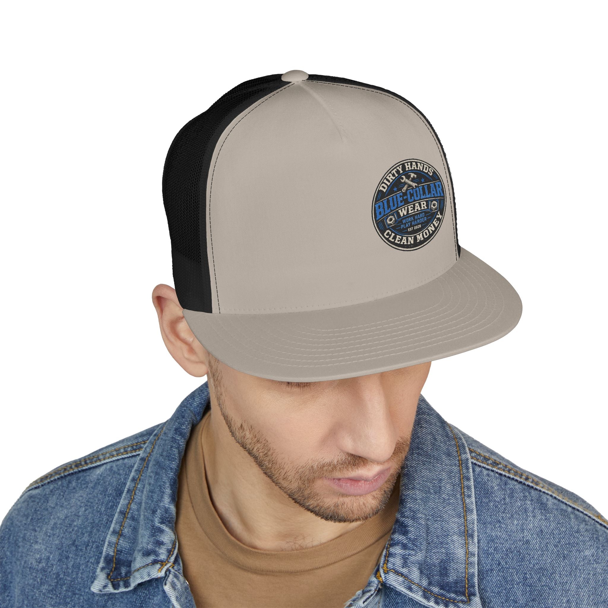 Blue-Collar Workwear Trucker Cap — "Dirty Hands Clean Money" Patch