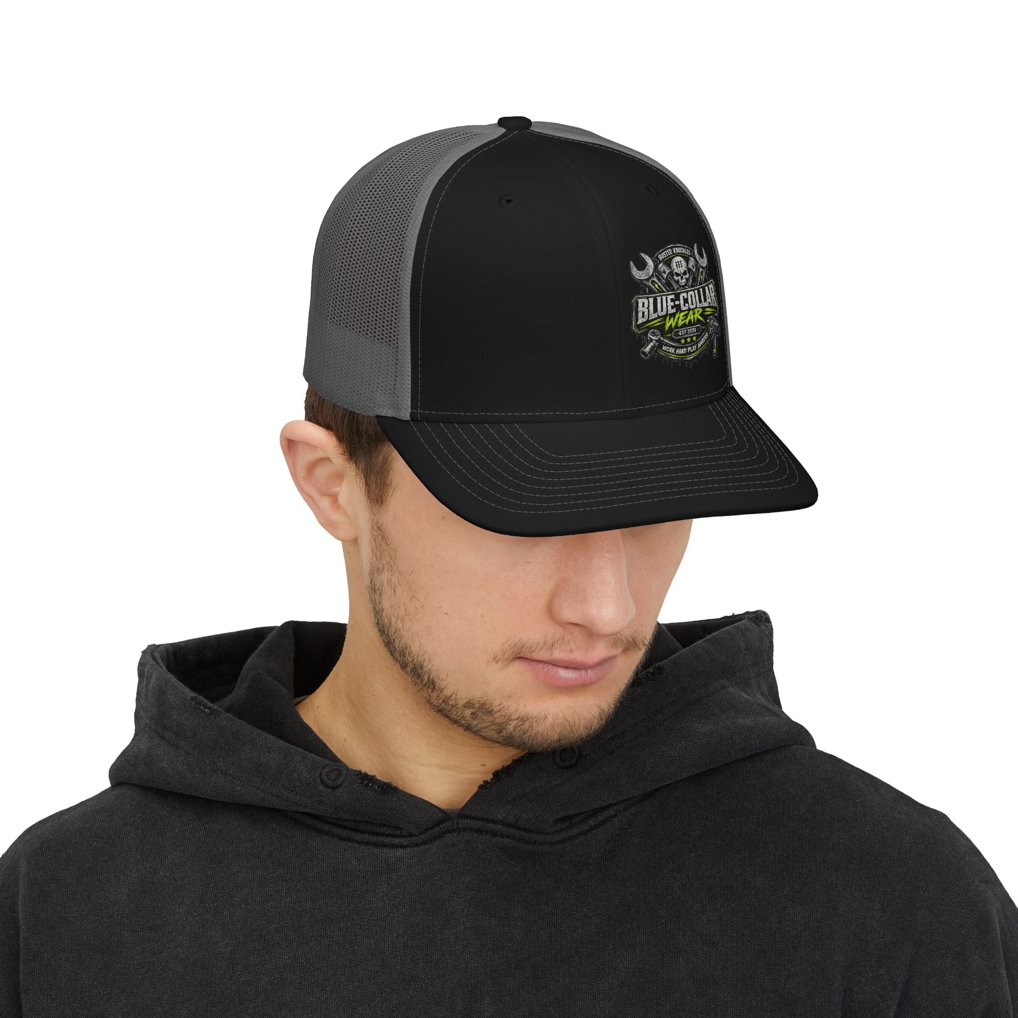 Snapback Trucker Cap Mechanic — Blue Collar Wear Skull Logo Mesh Hat