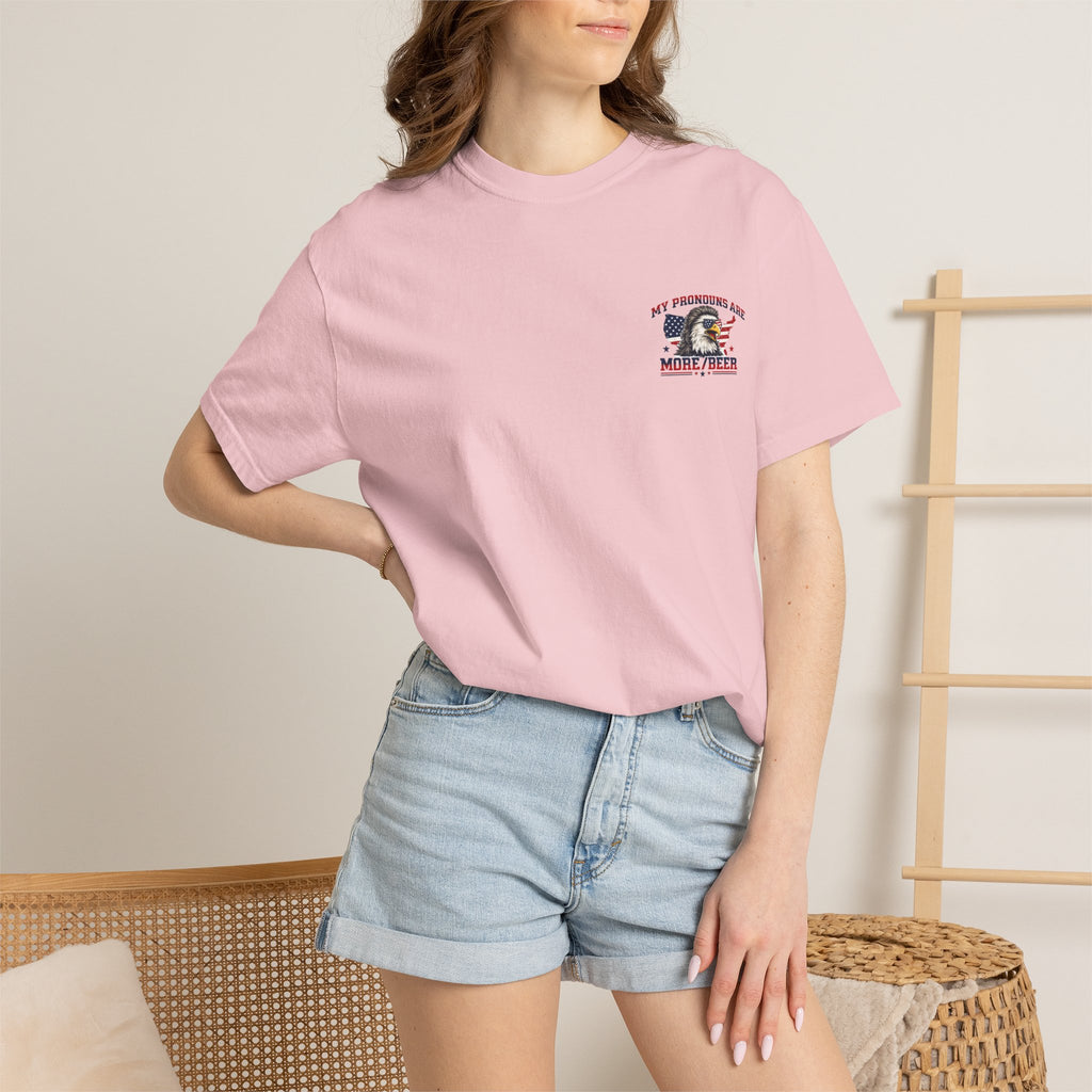 T-Shirt — "My Pronouns Are More/Beer" Patriotic Eagle Graphic