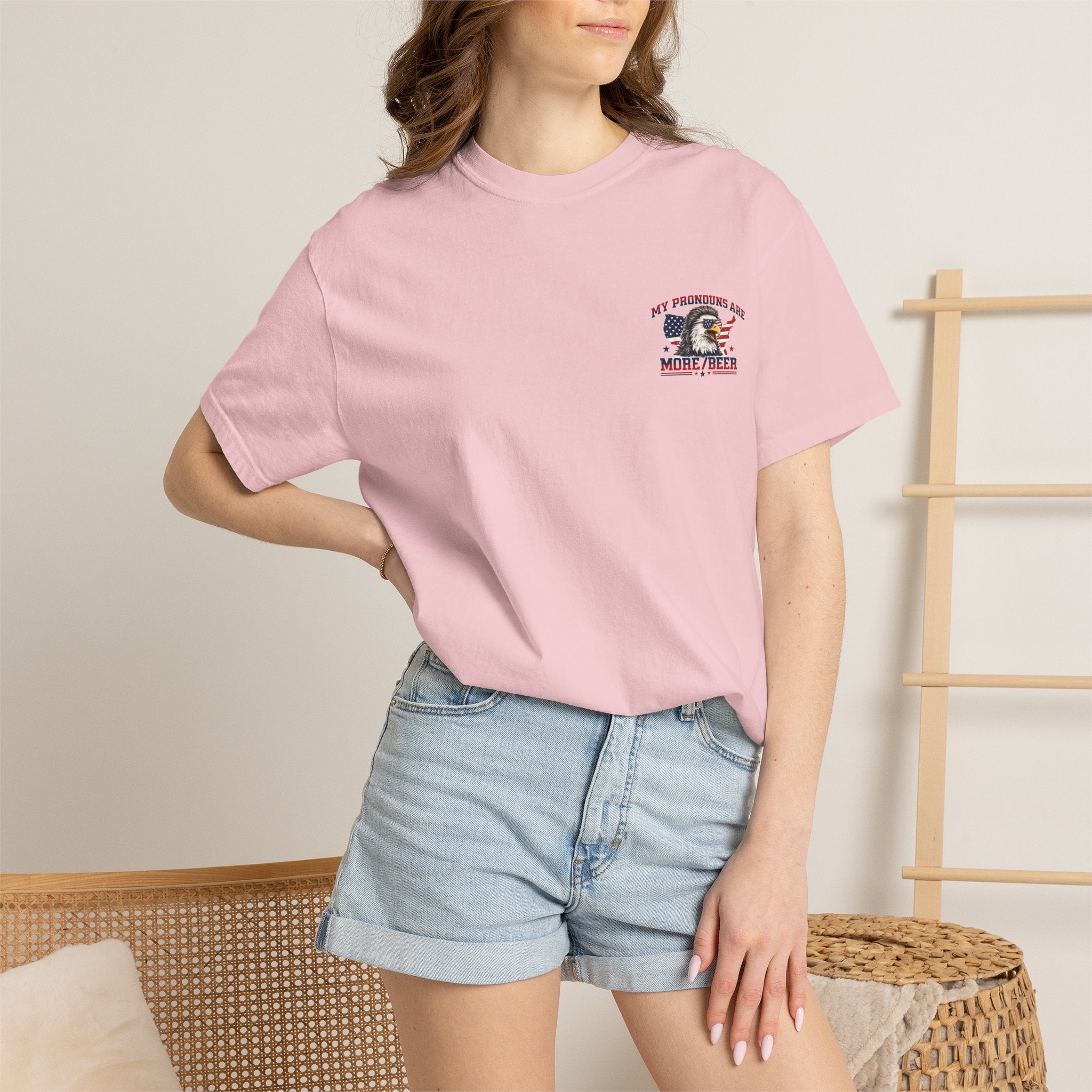 T-Shirt — "My Pronouns Are More/Beer" Patriotic Eagle Graphic