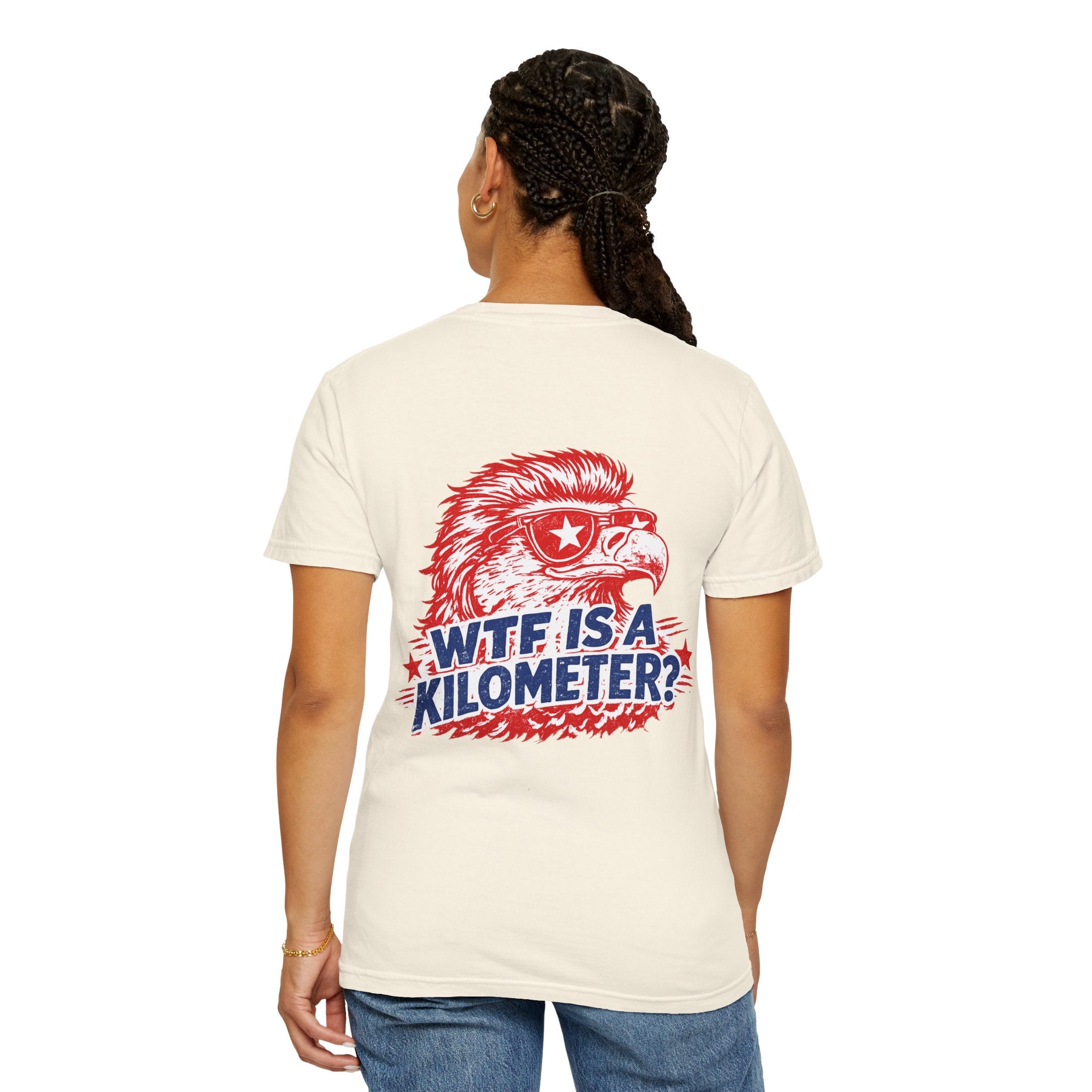 WTF Is a Kilometer? Graphic T‑Shirt — Retro Eagle Patriotic Travel Humor