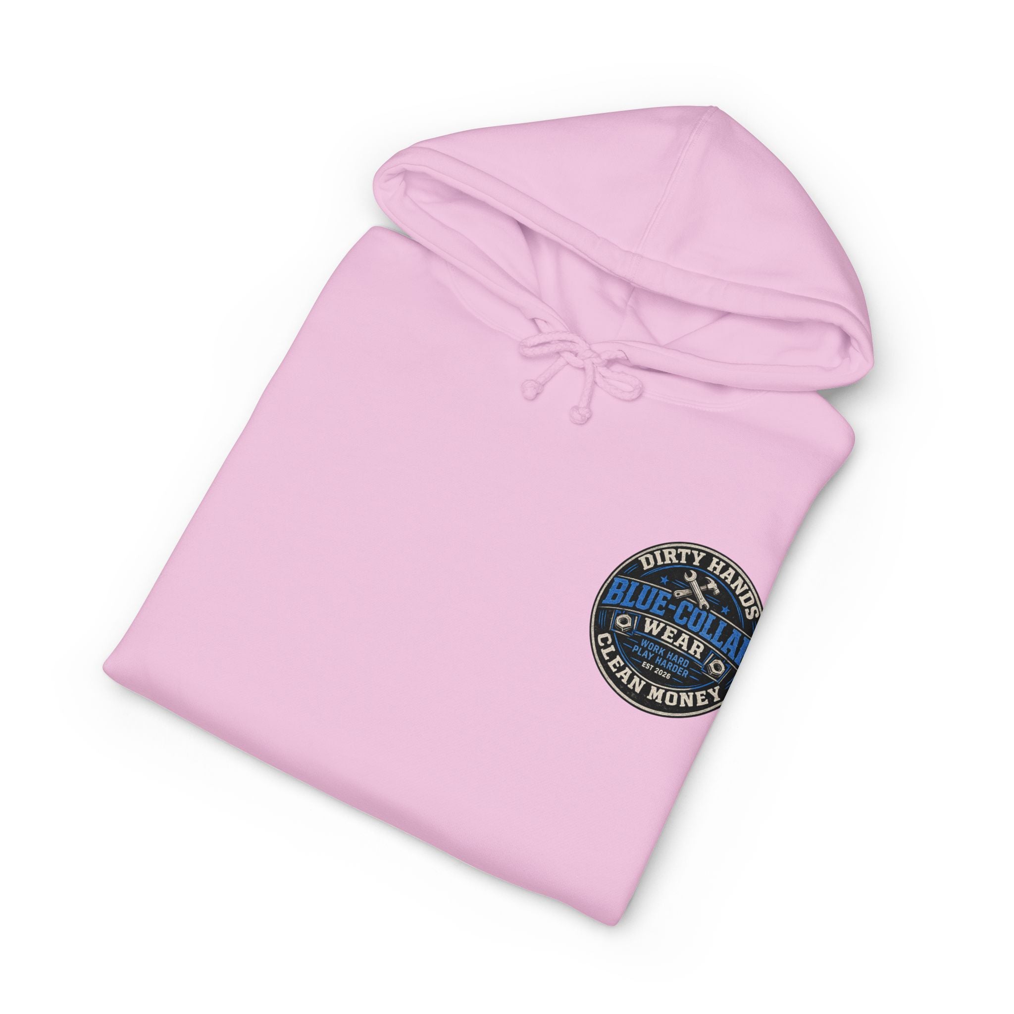 Blue-Collar Workwear Hoodie — "Dirty Hands, Clean Money" Chest & Back Graphic