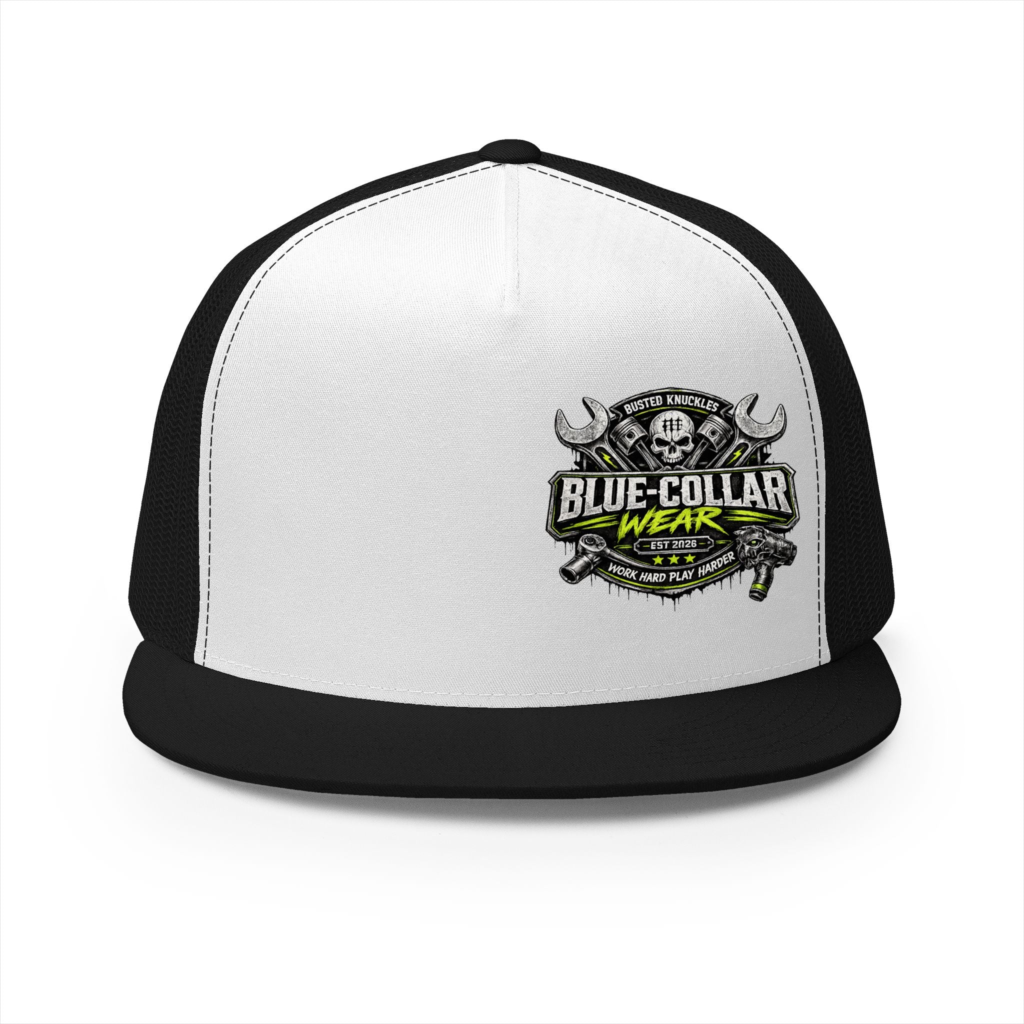 Blue Collar Wear Trucker Cap Mechanic — Workwear Skull Logo Mesh Snapback