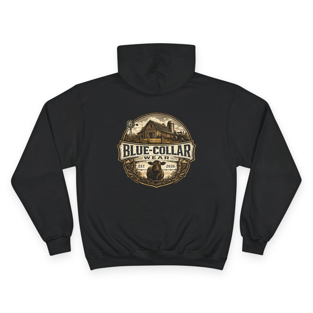 Blue-Collar Wear RANCHER Shield Hoodie — Vintage Workwear Logo Pullover