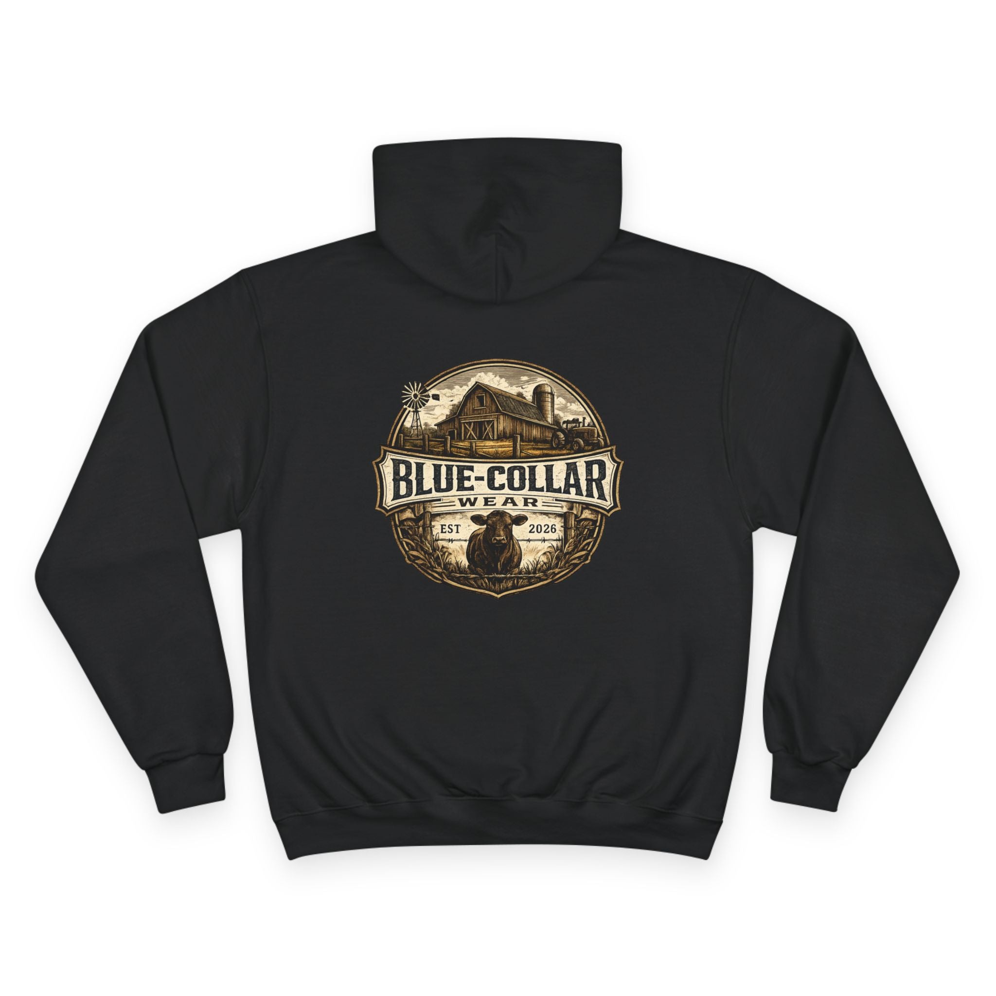 Blue-Collar Wear RANCHER Shield Hoodie — Vintage Workwear Logo Pullover