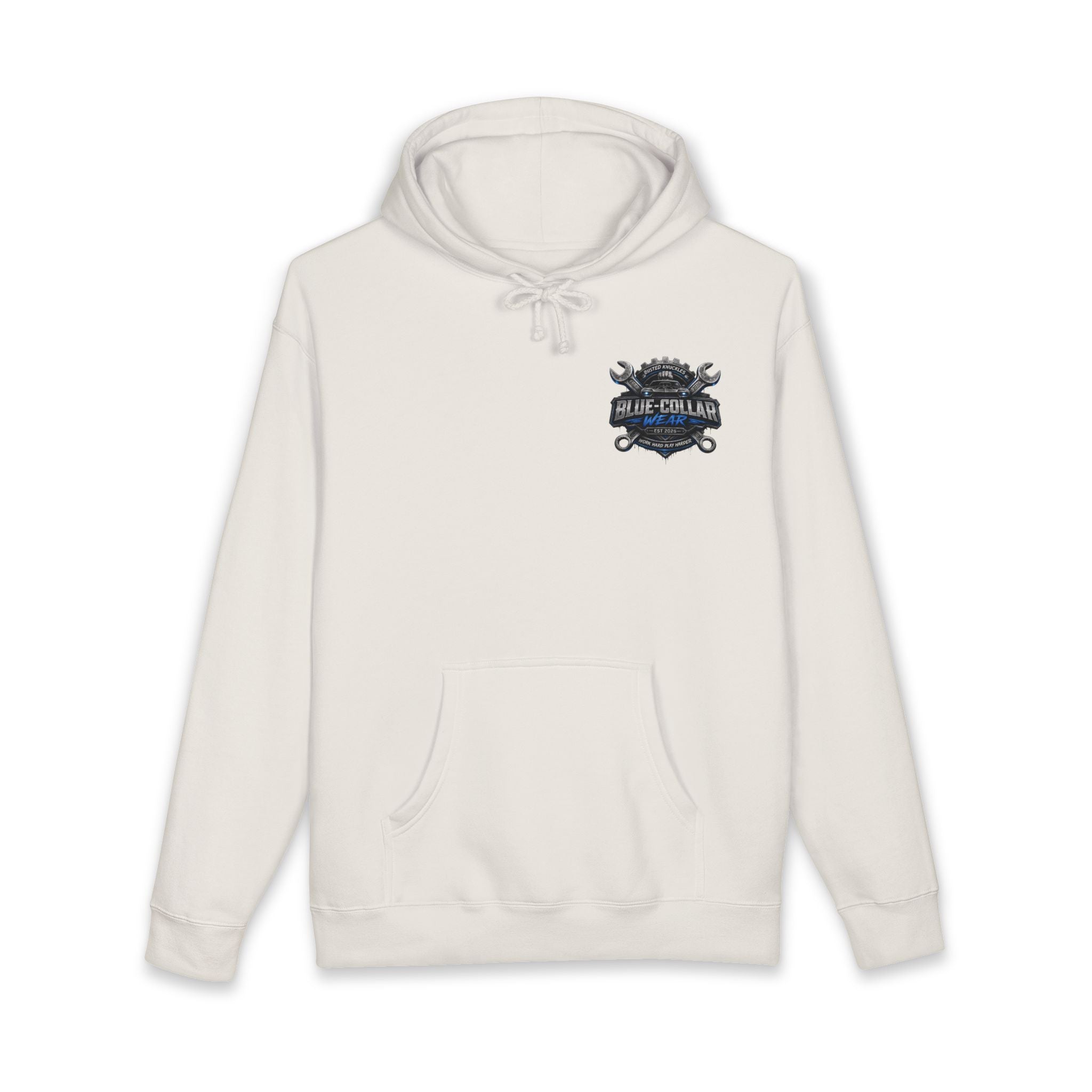 Blue-Collar Wear Hoodie — Mechanic Wrench Logo Workwear Pullover