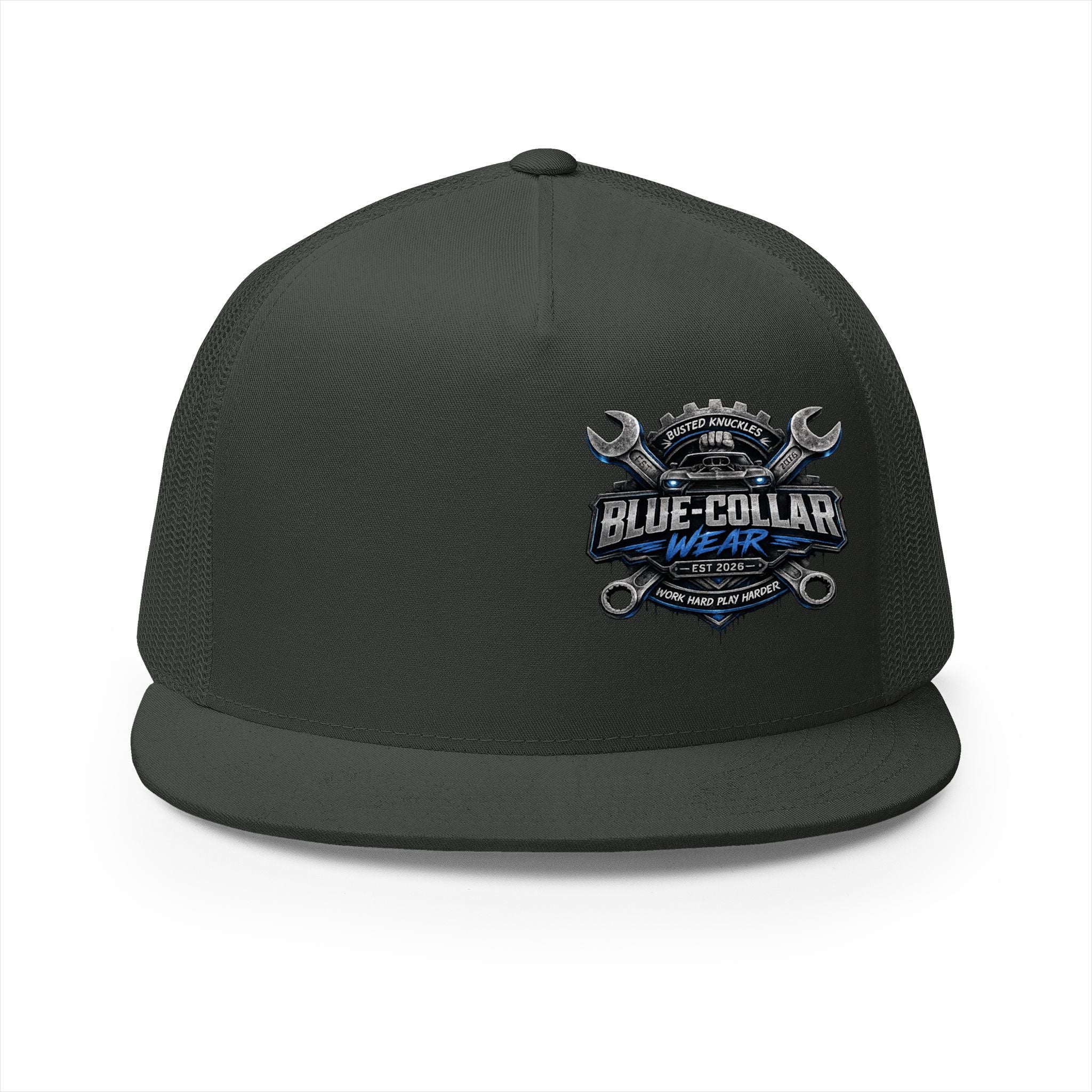 Blue-Collar Wear Trucker Cap — Vintage Mechanic Logo Snapback
