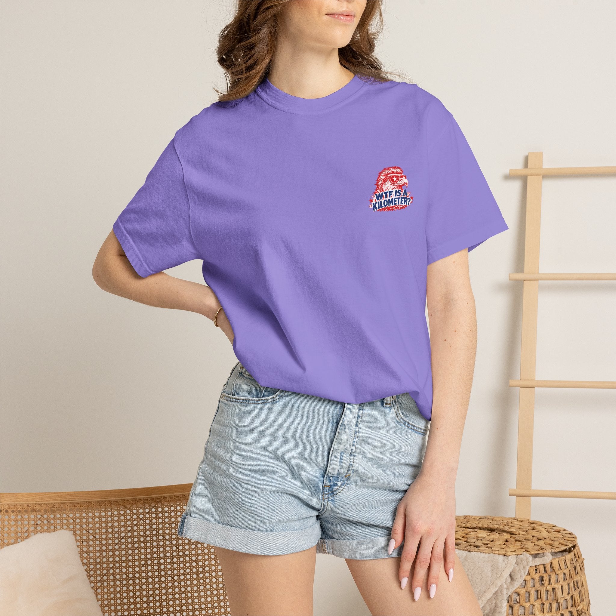 WTF Is a Kilometer? Graphic T‑Shirt — Retro Eagle Patriotic Travel Humor